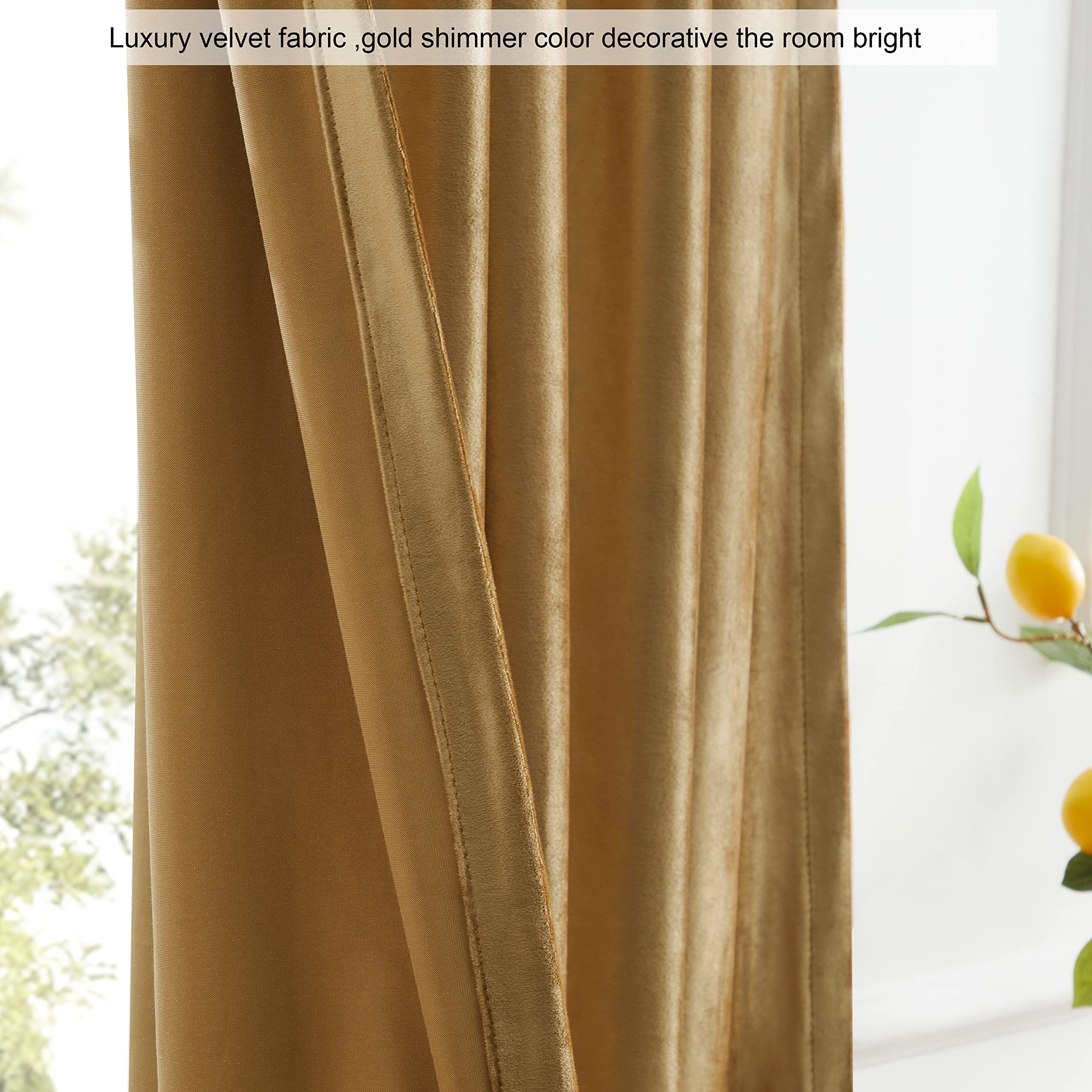 Premium Blackout Curtains Set of 2 - 63 Inch Velvet Rod Pocket Drapes in Golden PRIMROSE for Living Room & Bedroom | Thermal Insulated Room Darkening Window Treatments for Better Sleep & Energy Savings