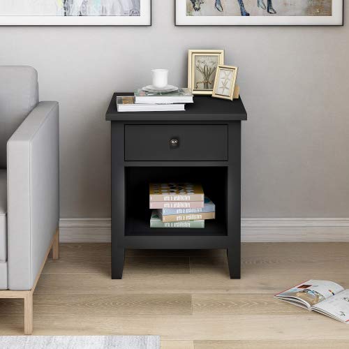 Solid Wood Nightstand with Drawer & Shelf - Rustic Bedside End Table for Bedroom, Traditional Wooden Storage Cabinet with Open Compartment - Perfect for Bedroom, Living Room, or Dorm (Black)