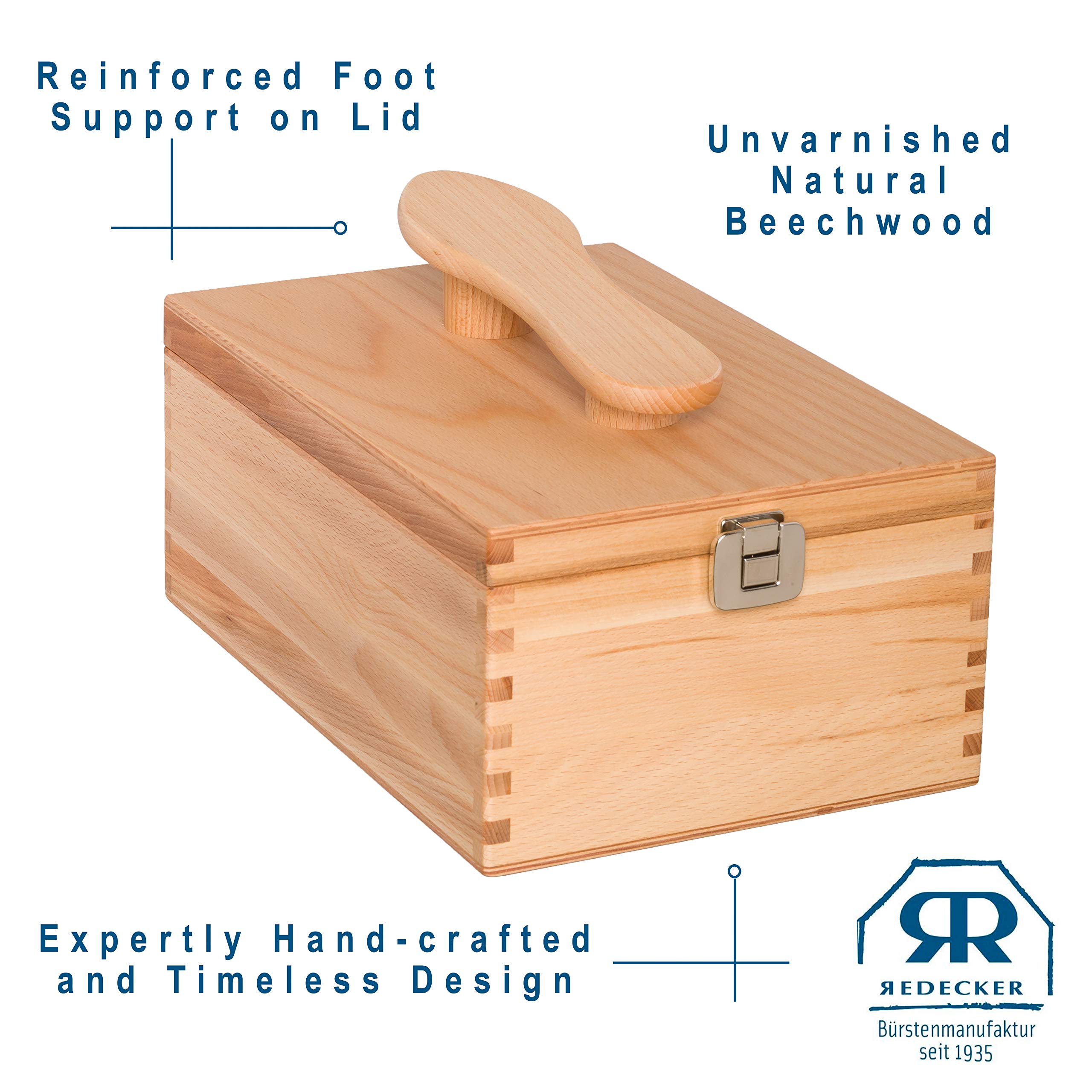 REDECKER Oiled Beechwood Shoe Cleaning Box with Folding Lid - 13.25 x 9 x 5.75 Inches - Wooden Shoe Shine Storage Box for Boots & Dress Shoes - Vintage Style Home & Office Shoe Care Organizer