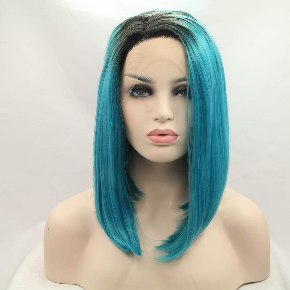 WAPBENG European & American Style Blue Straight Synthetic Lace Front Wig - Ombre Bob Short Hair for Women | Fashionable & Cute Curly Cosplay Wig for Daily Wear, Parties & Costume Events