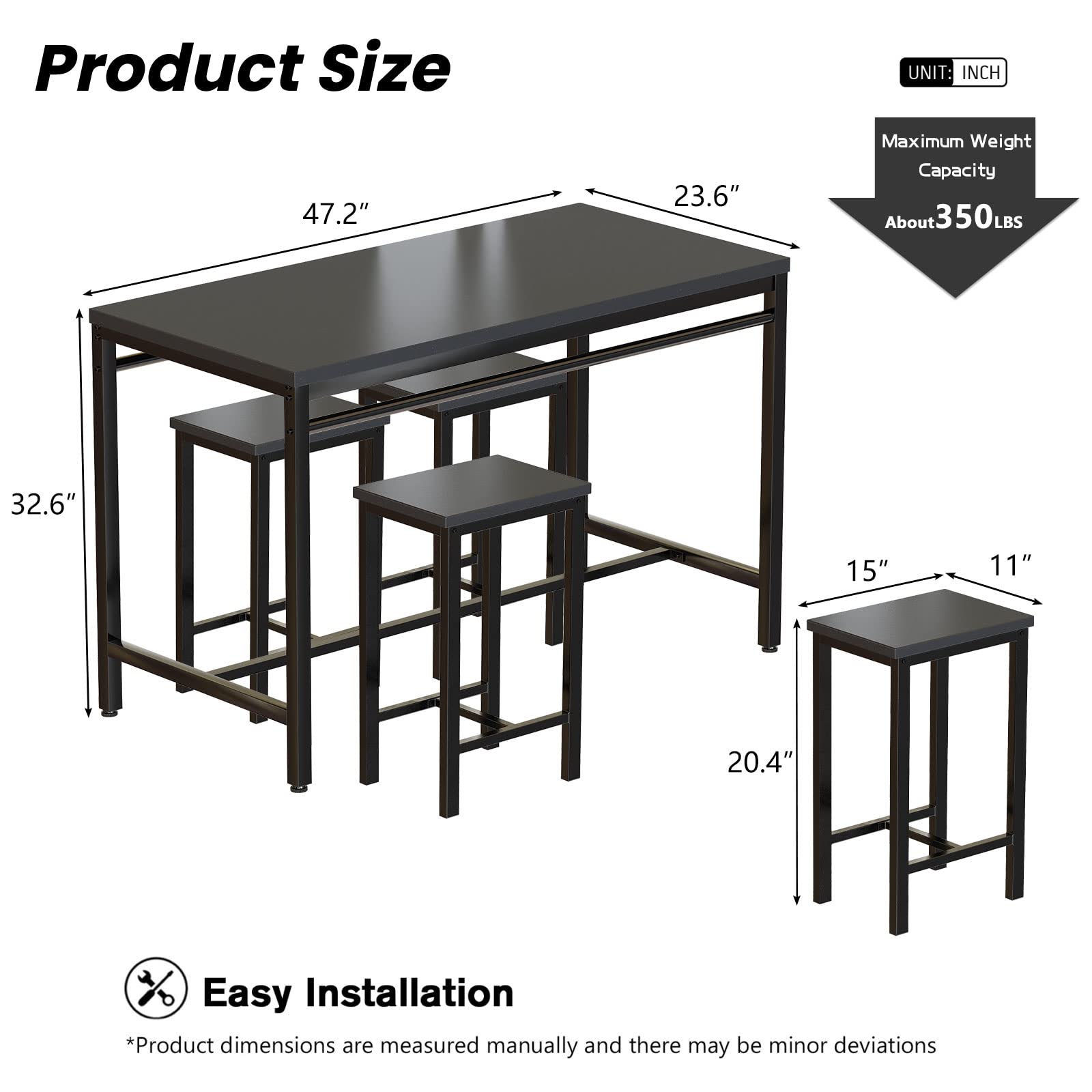 DKLGG 5-Piece Dining Table Set for 4 - Small Space Kitchen Table & 4 Chairs, Compact Dinette Set for Apartments, Restaurants - Jet Black | Perfect for Breakfast Nooks, Studio Apartments & Cozy Dining Spaces