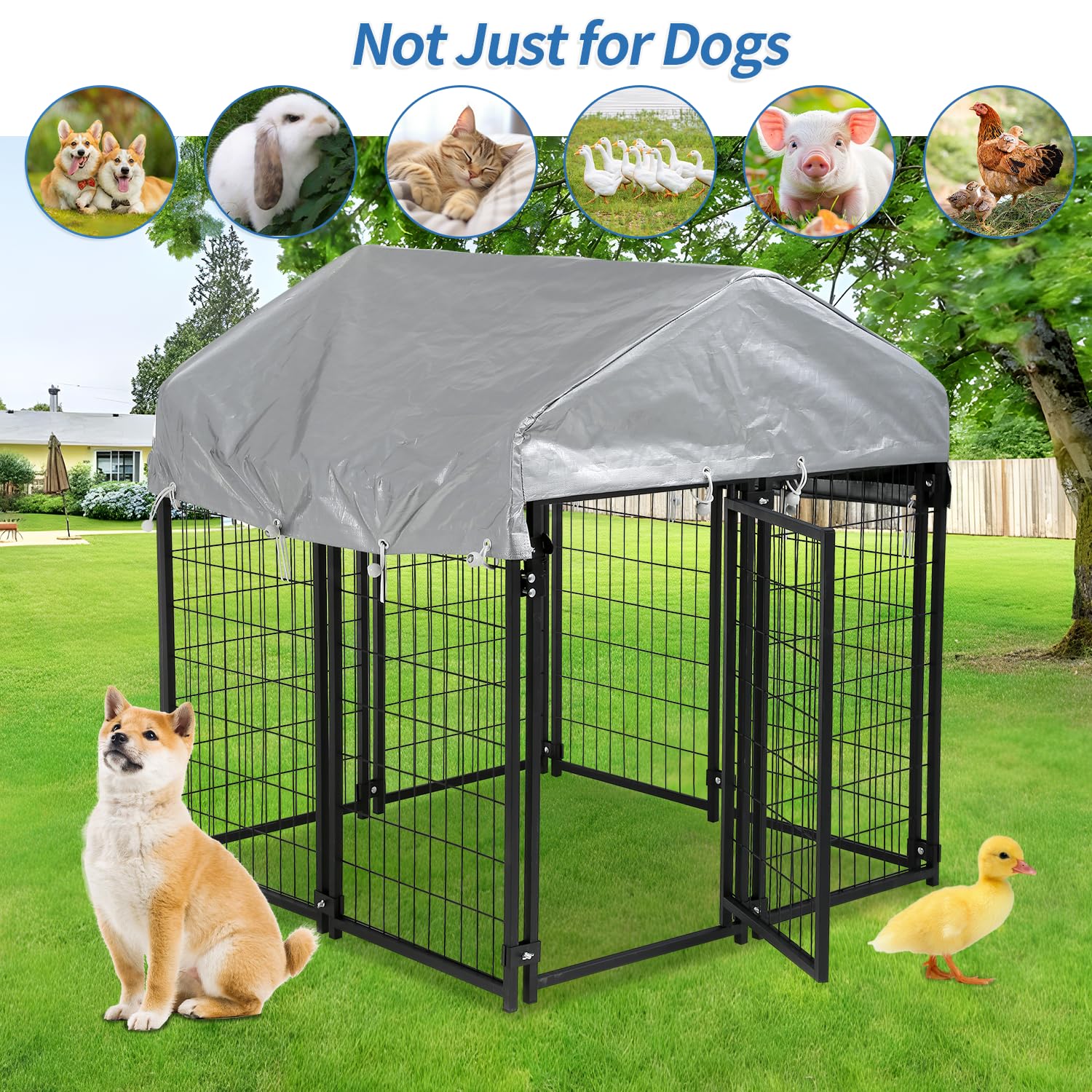 4x4x4.3FT Large Outdoor Dog Kennel with Roof - Heavy Duty Wire Dog Crate, Puppy Playpen & Weatherproof Fence with UV Protection Cover | Perfect for Backyard, Patio & Camping Use