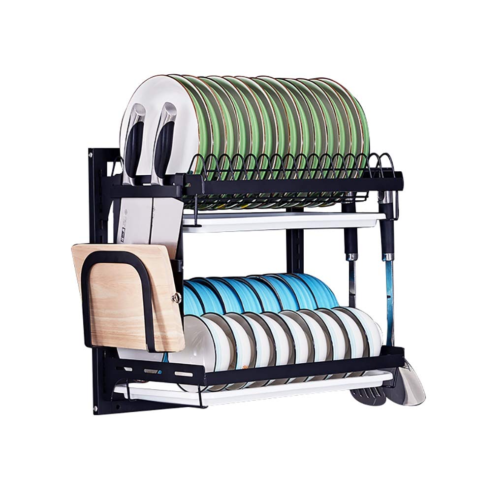 Stainless Steel 2-Tier Hanging Dish Drying Rack with Drain Trays & Hooks - Wall Mount Kitchen Organizer for Bowls, Utensils, Knives - Space Saving Sink Storage Shelf (Black) - Perfect for Small Kitchens, Apartments & RV Living