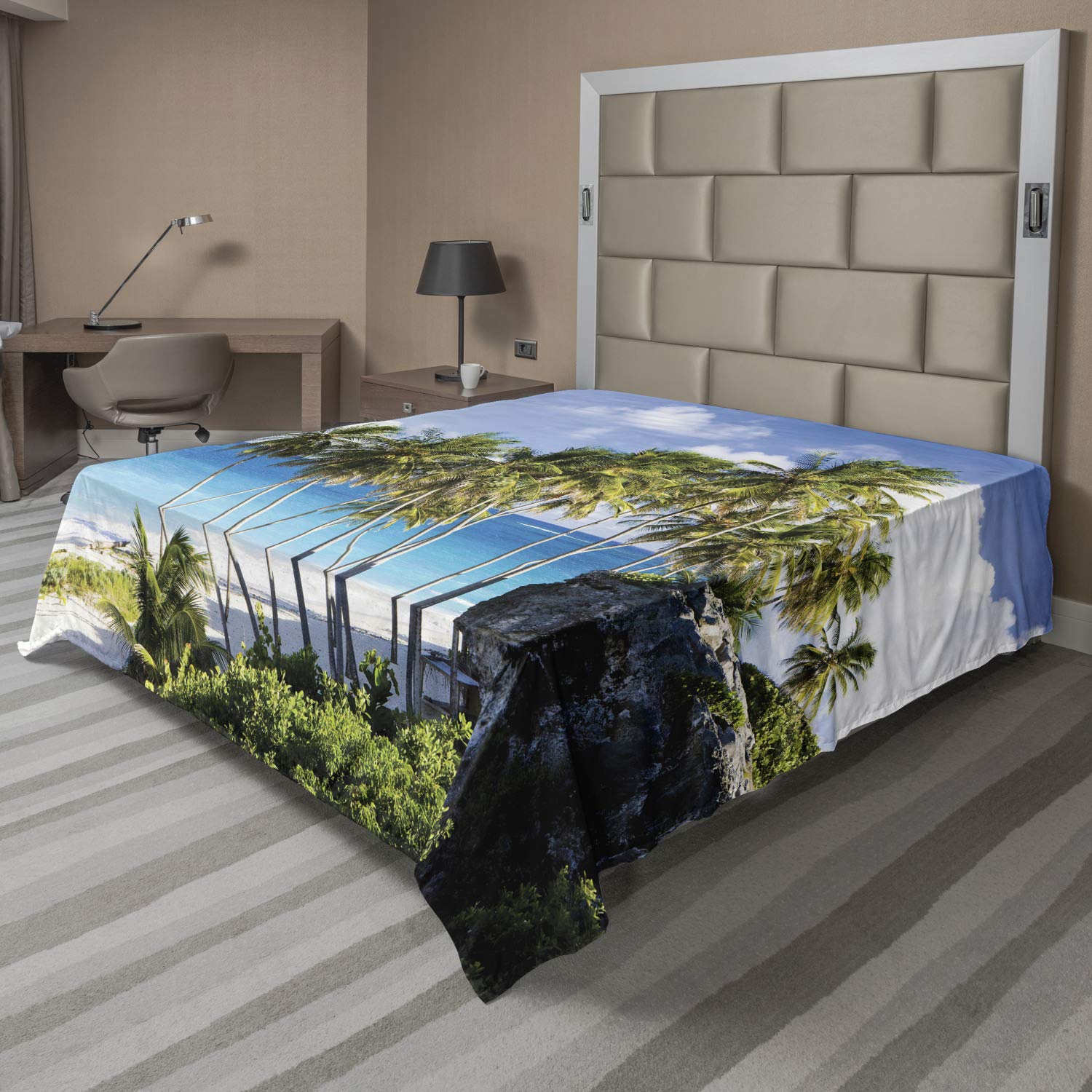 Ambesonne King Size Travel Flat Sheet - Soft & Comfortable Caribbean Island Print with Palm Trees & Ocean - Cream Blue Decorative Bedding for Vacation Homes, Beach Resorts & Tropical Themed Bedrooms