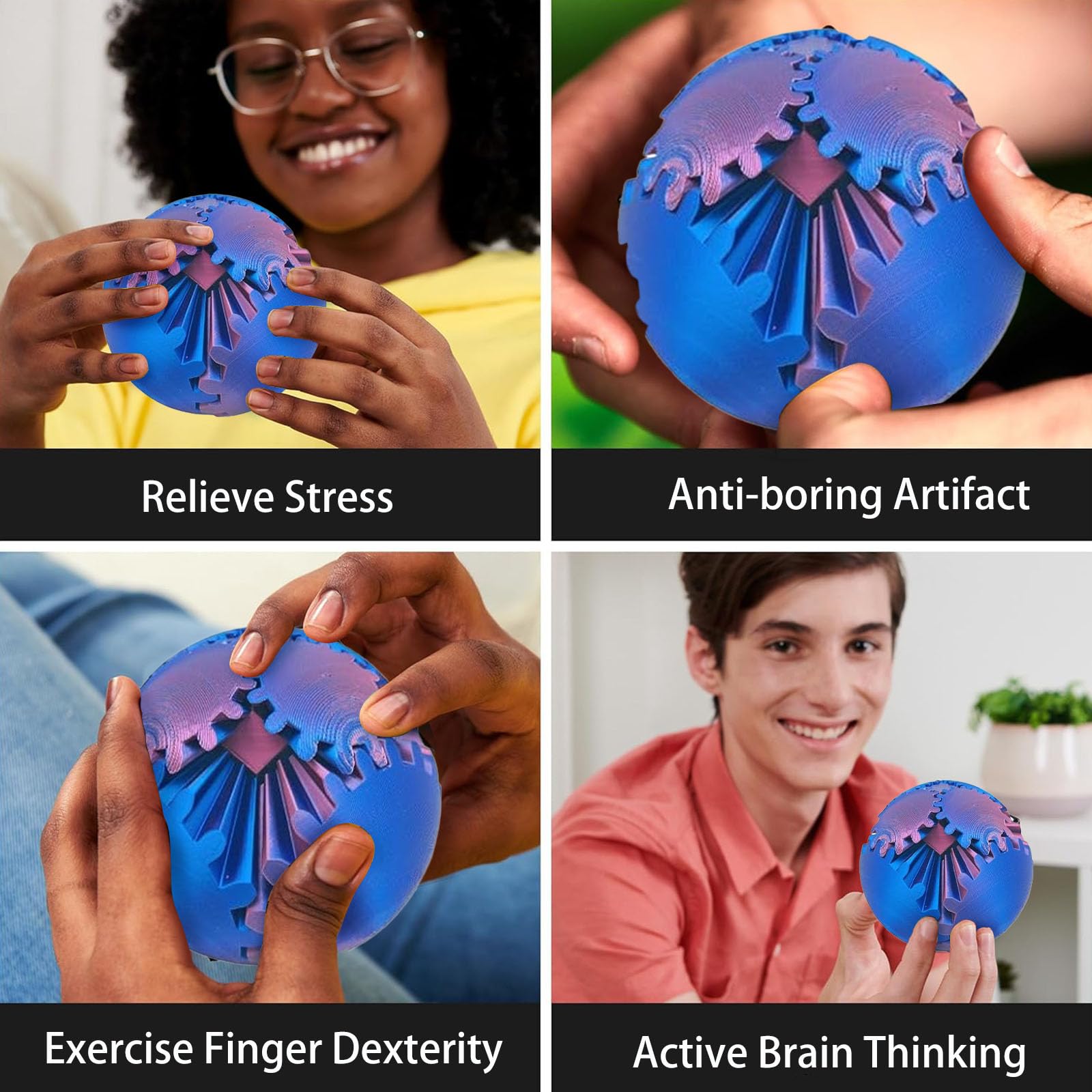 3D Printed Gear Ball Fidget Toy - Sensory Stress Relief for Autism & Anxiety - Purple Blue Spin Cube for Relaxation & Focus - Perfect for Home, Office & Travel Use