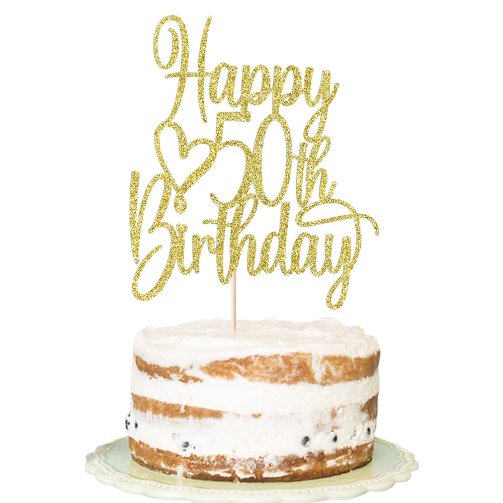 Gold Glitter Happy 50th Birthday Cake Topper - Cheers to 50 Years & Fabulous Cake Decoration for 50th Anniversary Party | Perfect for Milestone Birthday Cakes, Retirement Celebrations & Golden Jubilee Events