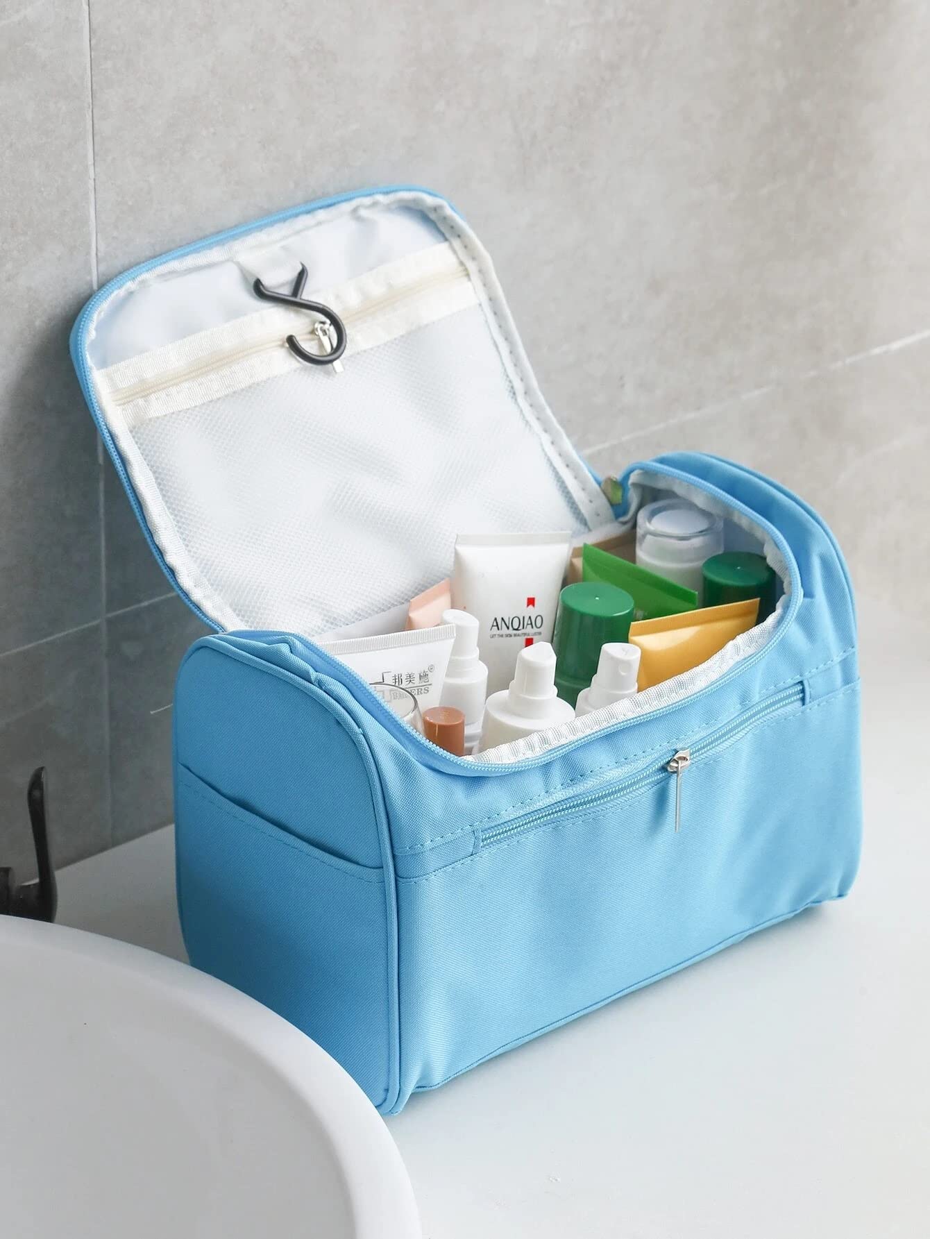 FYCAN Waterproof Makeup Bag with Brush Holder - Travel Cosmetic Organizer for Women & Girls (Sky Blue) - Perfect for Purse & Toiletry Storage