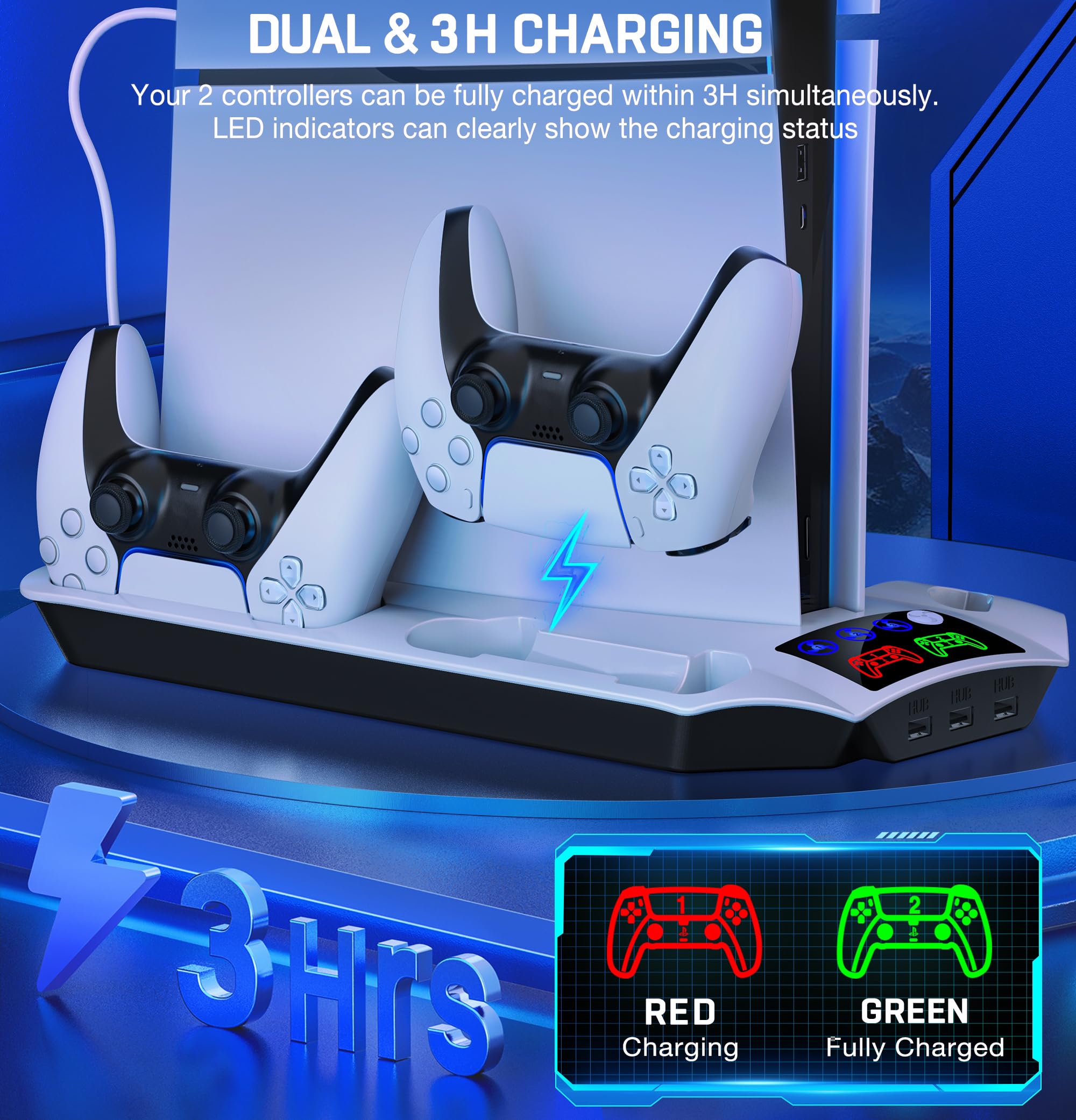 PS5 Slim Stand with Turbo Cooling Station & Controller Charger - 3-Level Cooling Fan, 13-Game Organizer & Headset Holder for Playstation 5/PS5 Pro (Digital & Disc Edition) - Perfect for Gaming Marathons & Organized Gaming Setup