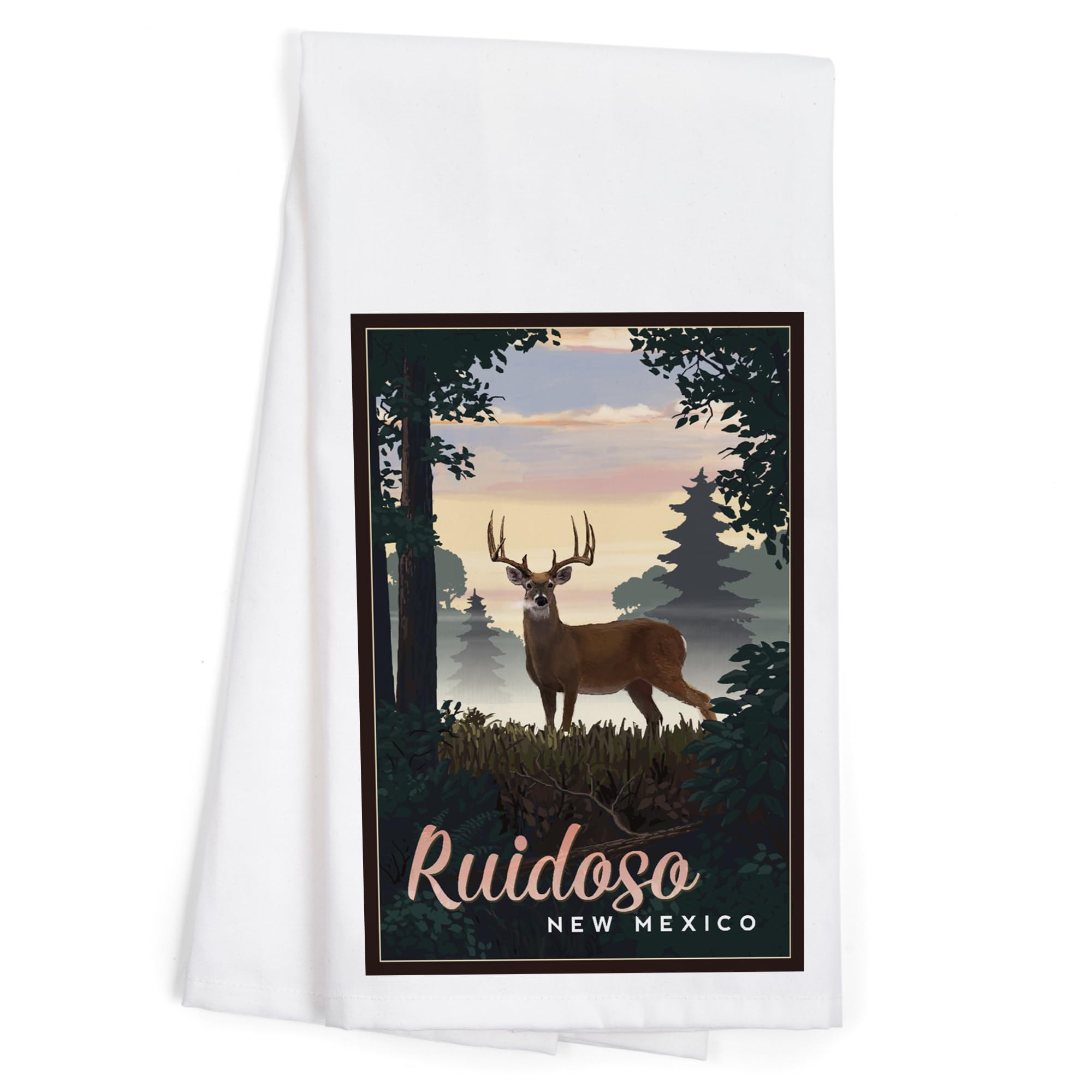Lantern Press Ruidoso New Mexico Deer and Sunrise Tea Towel - 100% Cotton Decorative Hand Towel for Kitchen & Home - Perfect for Dish Drying, Gift Giving, and Farmhouse Decor