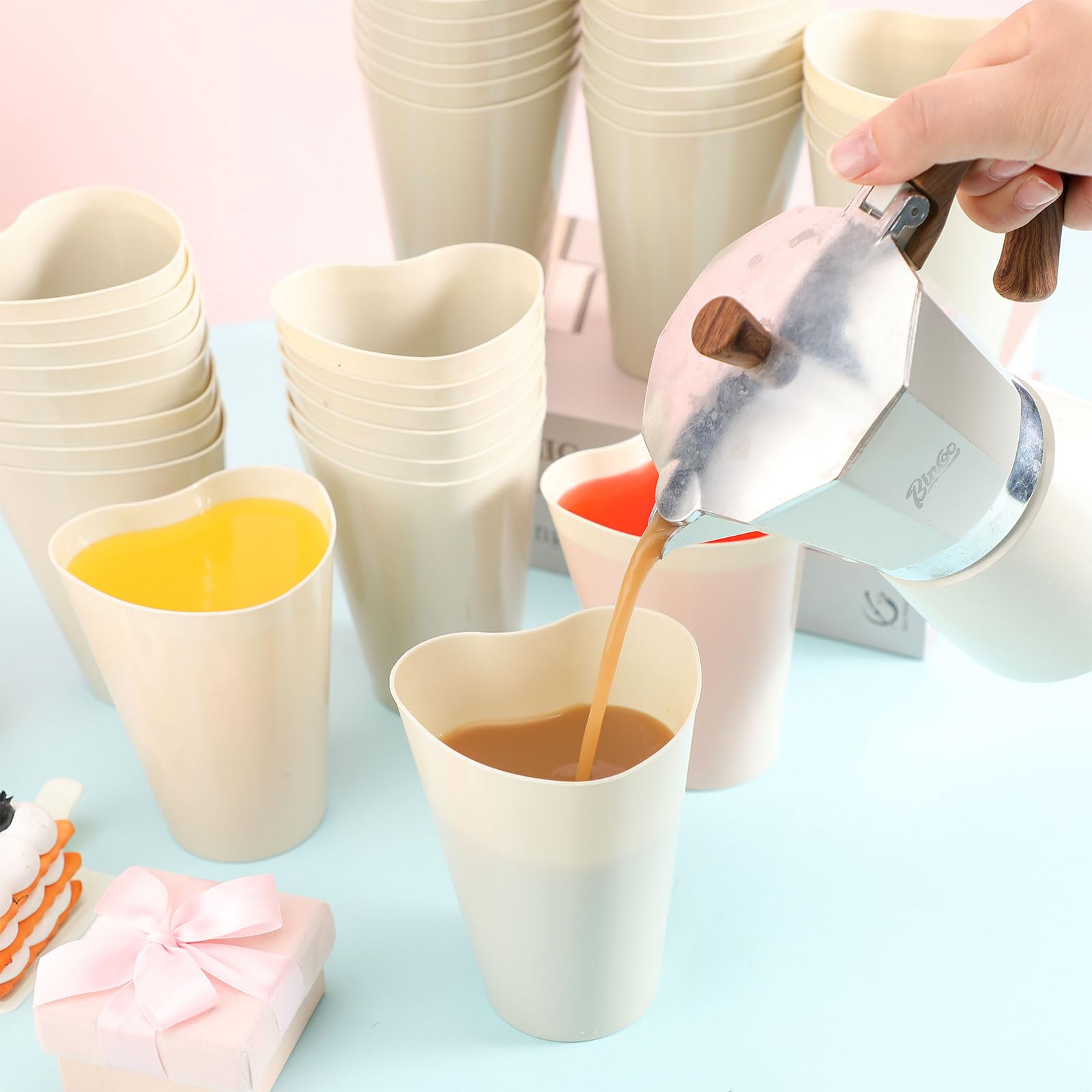 50 Pcs Heart Shaped Plastic Cups 16 oz - Reusable Valentine's Day Party Cups with Candy Heart Design - Perfect for Valentine's Parties, Weddings, Birthdays & Romantic Events (Milky White) - Barware & Party Supplies