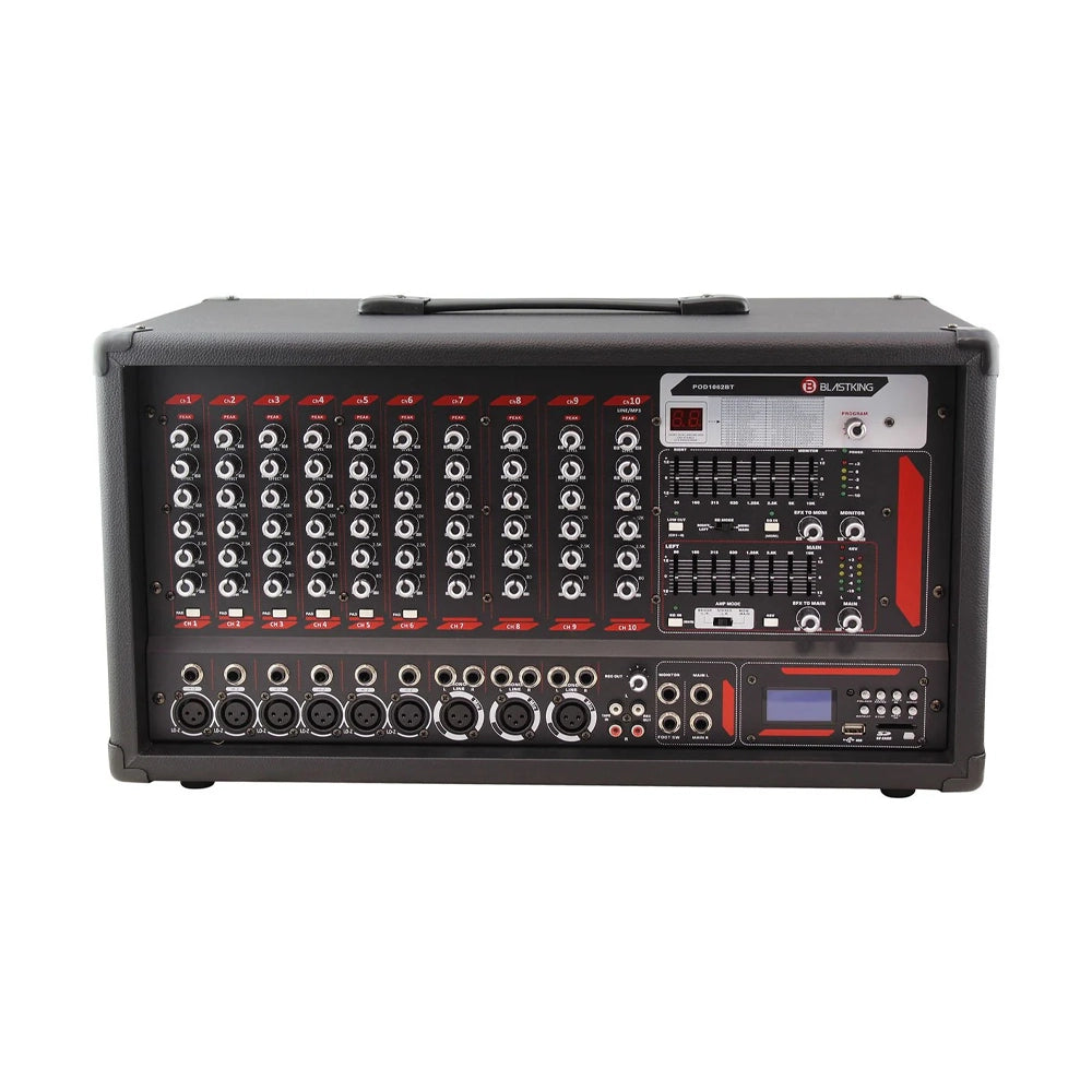 Blastking POD1062BT 10 Channel Professional Powered Mixer with Bluetooth, MP3 Player & EQ - Perfect for Live Bands, DJs & Home Studio Recording