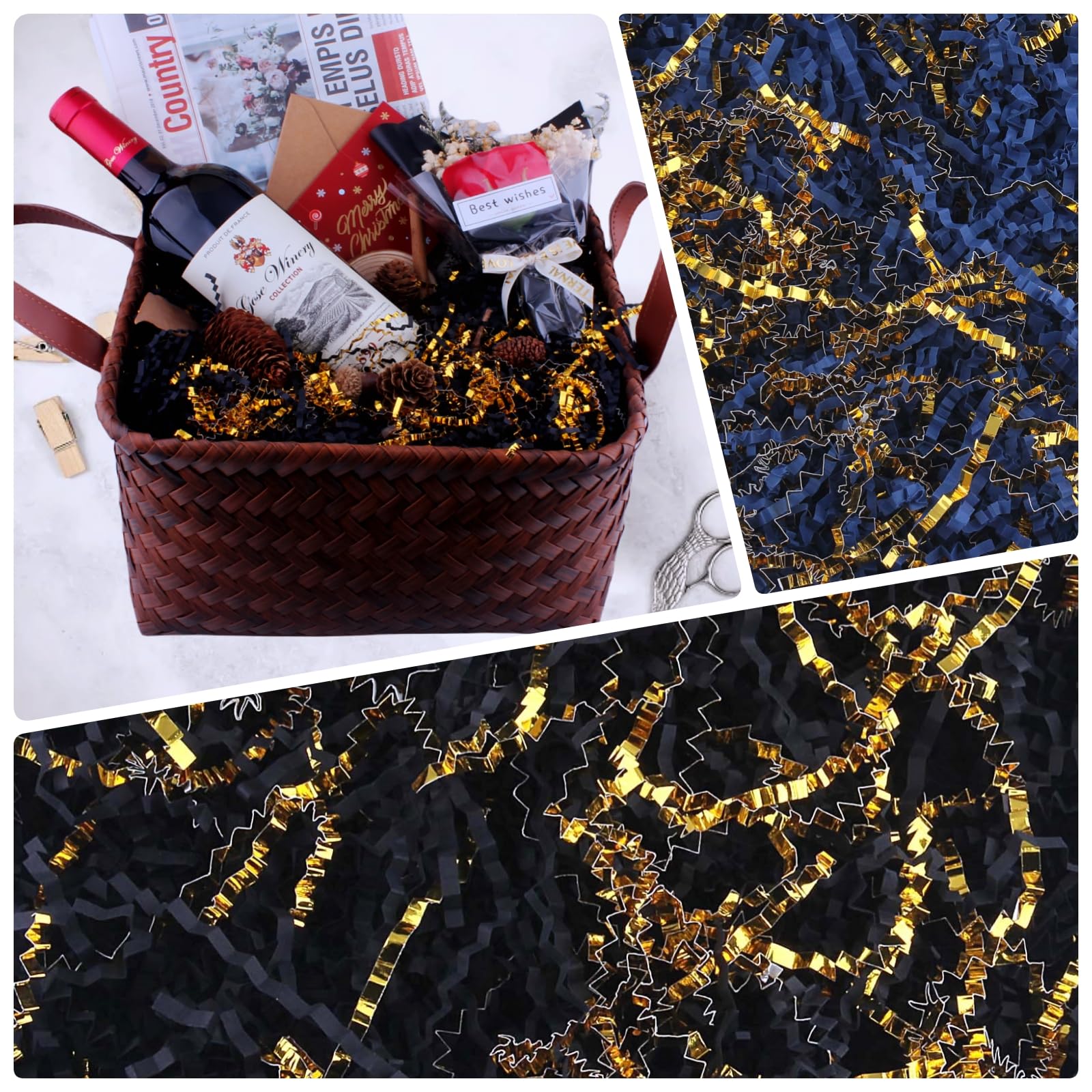 Premium Crinkle Cut Paper Shred Filler - 1 LB Bulk Gift Wrapping & Basket Filler for Christmas, Halloween, Wedding Decorations, Easter Basket Grass - Beige & Gold for Party, Crafting & DIY Projects