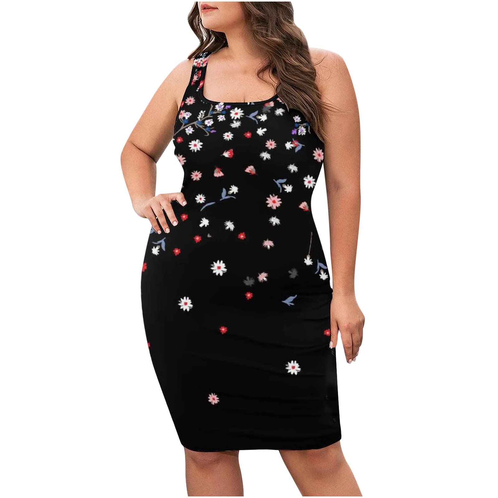 Vintage Floral Print Summer Dress for Women - Sexy Square Neck Sleeveless Bodycon Club Dress Plus Size | Beach Party, Date Night, Vacation Outfit