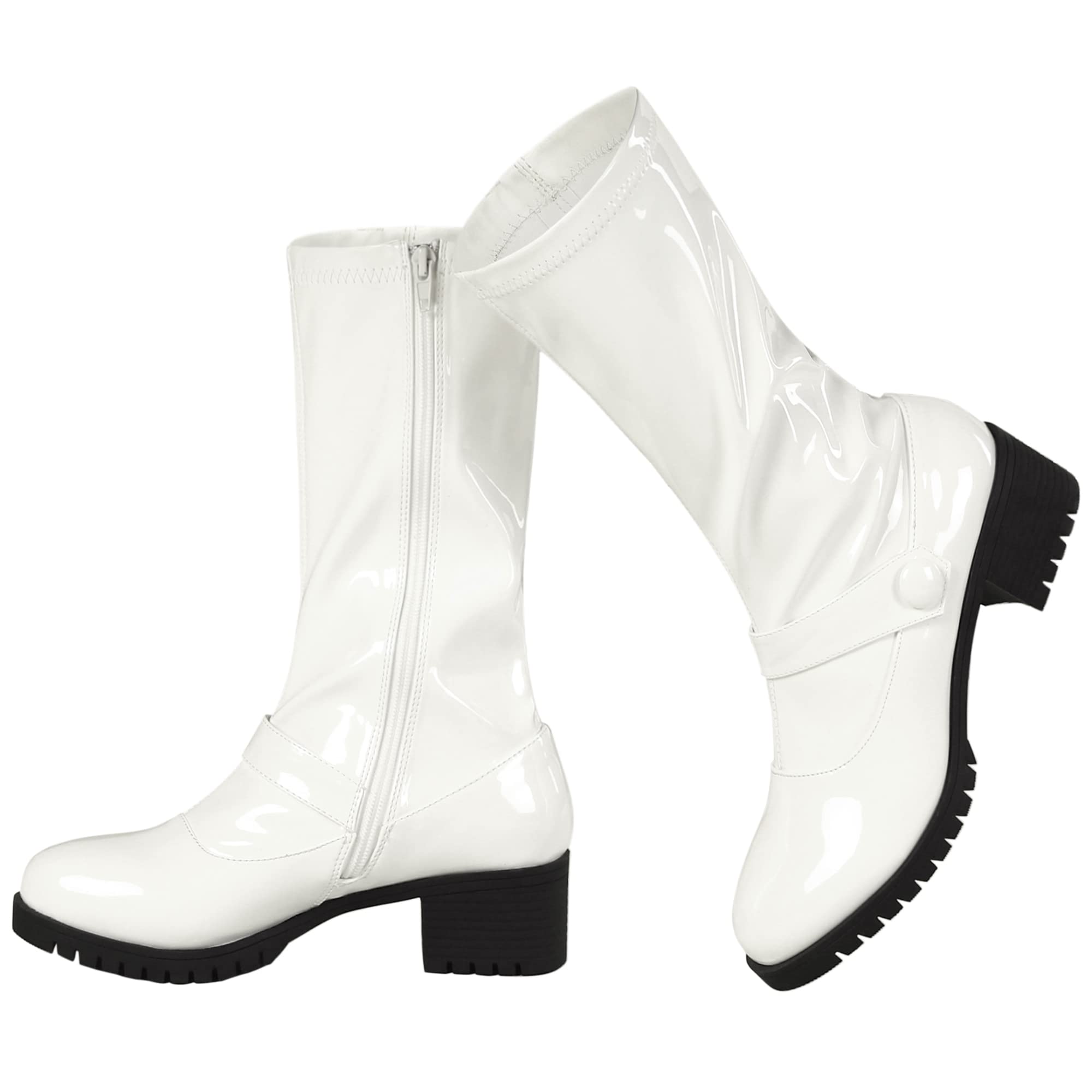 Allegra K Women's Mid Calf Boots with Chunky Heels - Patent Leather Go Go Boots for Women - Stylish & Comfortable Knee High Boots for Fall, Winter & Party Wear