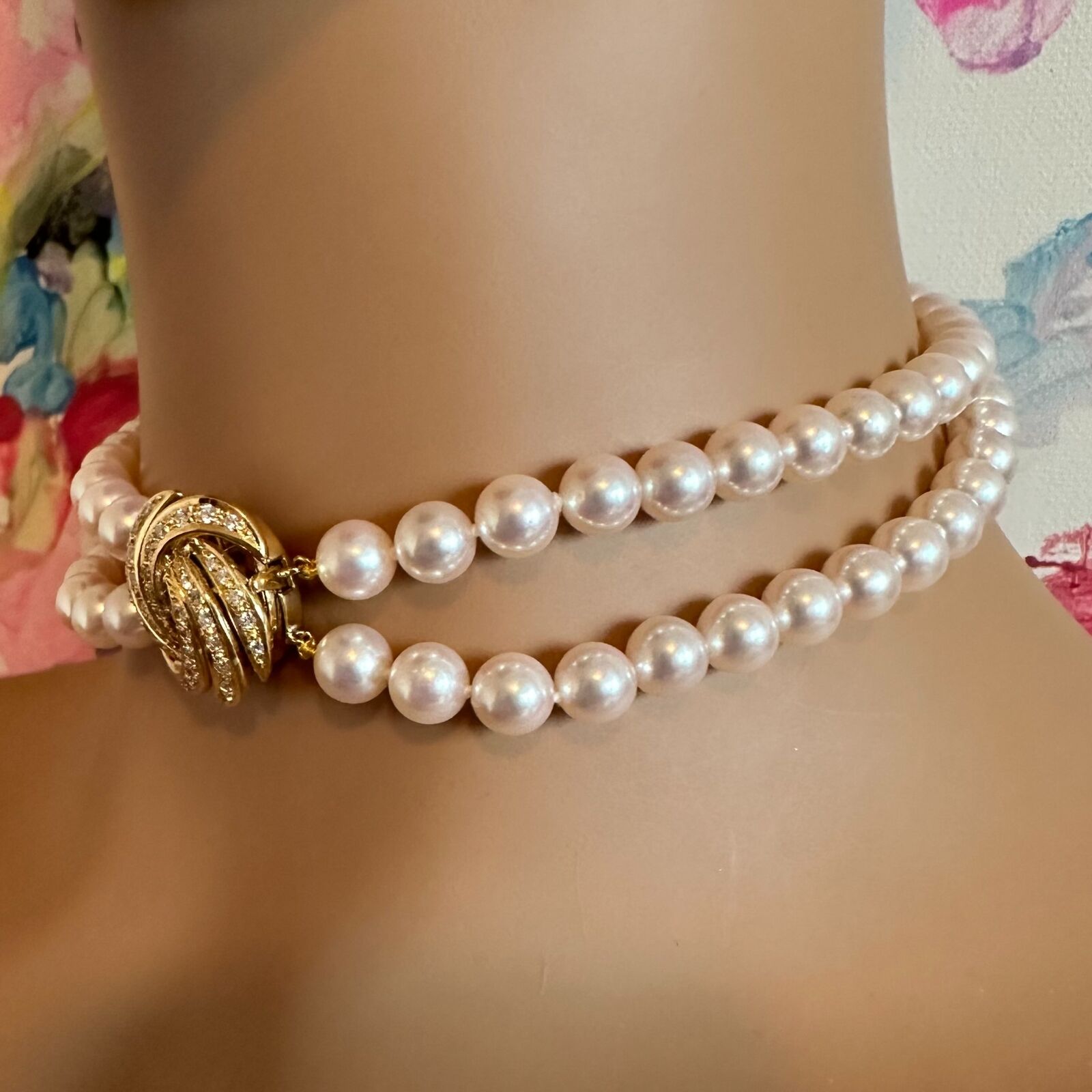 Authentic Mikimoto 18k Yellow Gold Diamond Double Strand 8mm Pearl Necklace - Elegant Jewelry for Weddings, Anniversaries & Special Occasions