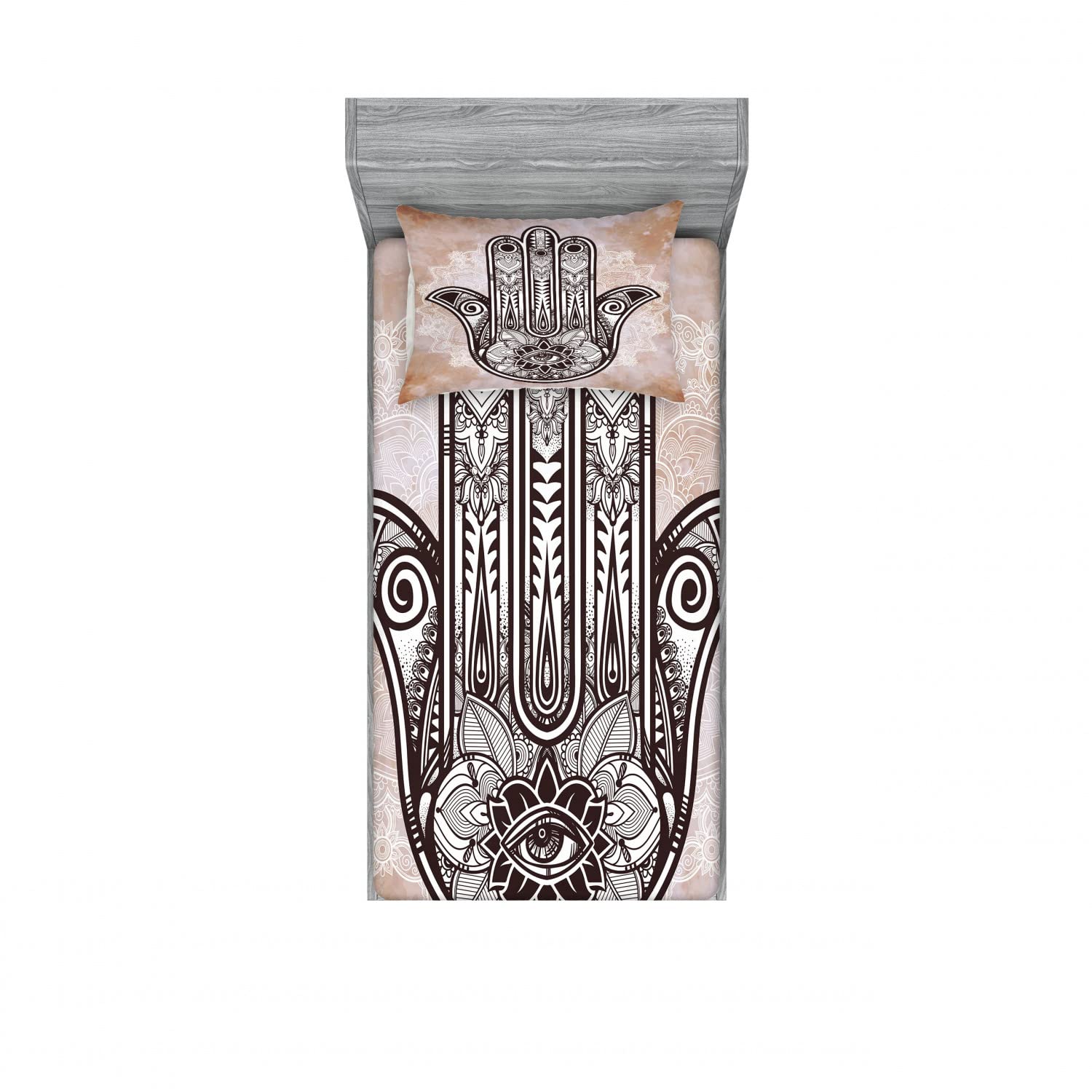 Ambesonne Hamsa 2-Pack Twin Fitted Sheet & Pillow Sham Set - Mystic Mandala Eastern Design, 4-Piece Bedding Decor in Brown & Cream | Perfect for Boho Bedrooms, Guest Rooms & Meditation Spaces