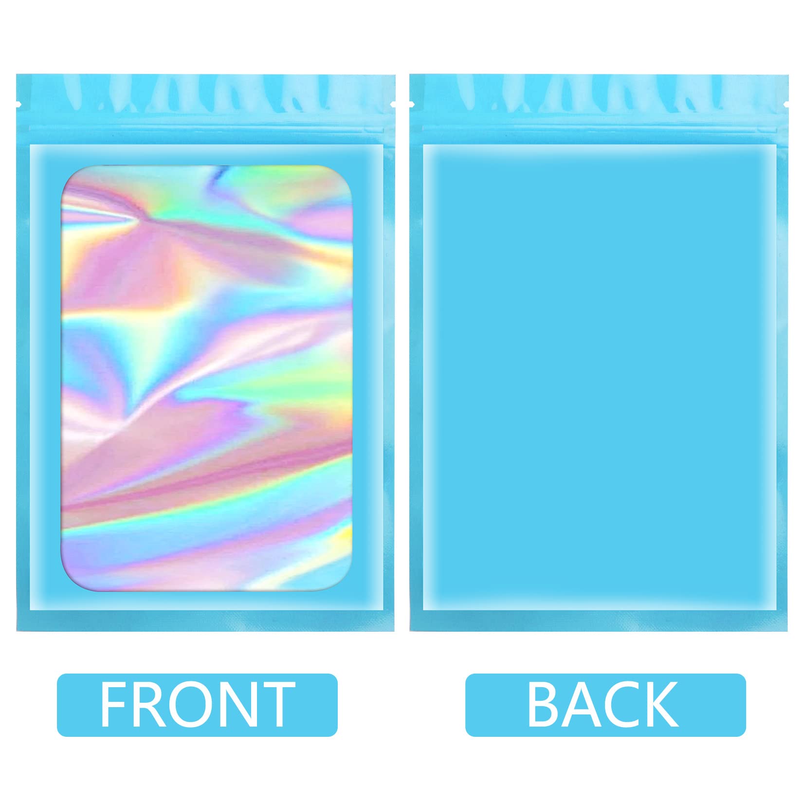 Funfery 100 Pack Blue Mylar Holographic Bags - 6.3x9.4 Inch Resealable Smell Proof Food Storage Bags | Airtight Zipper Pouch for Snacks, Coffee, Tea, Herbs & Small Business Packaging | Great for Home, Office & Travel Use
