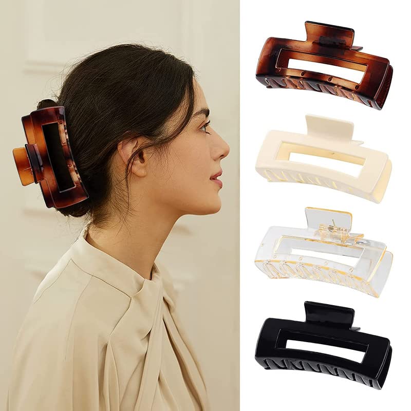 Belicia 8 Pack Large Hair Claw Clips for Women - 4.3 Inch Rectangular Hair Clips, Hair Jaw Clamps (4 Colors) - Perfect for Ponytails, Buns and Everyday Hairstyles