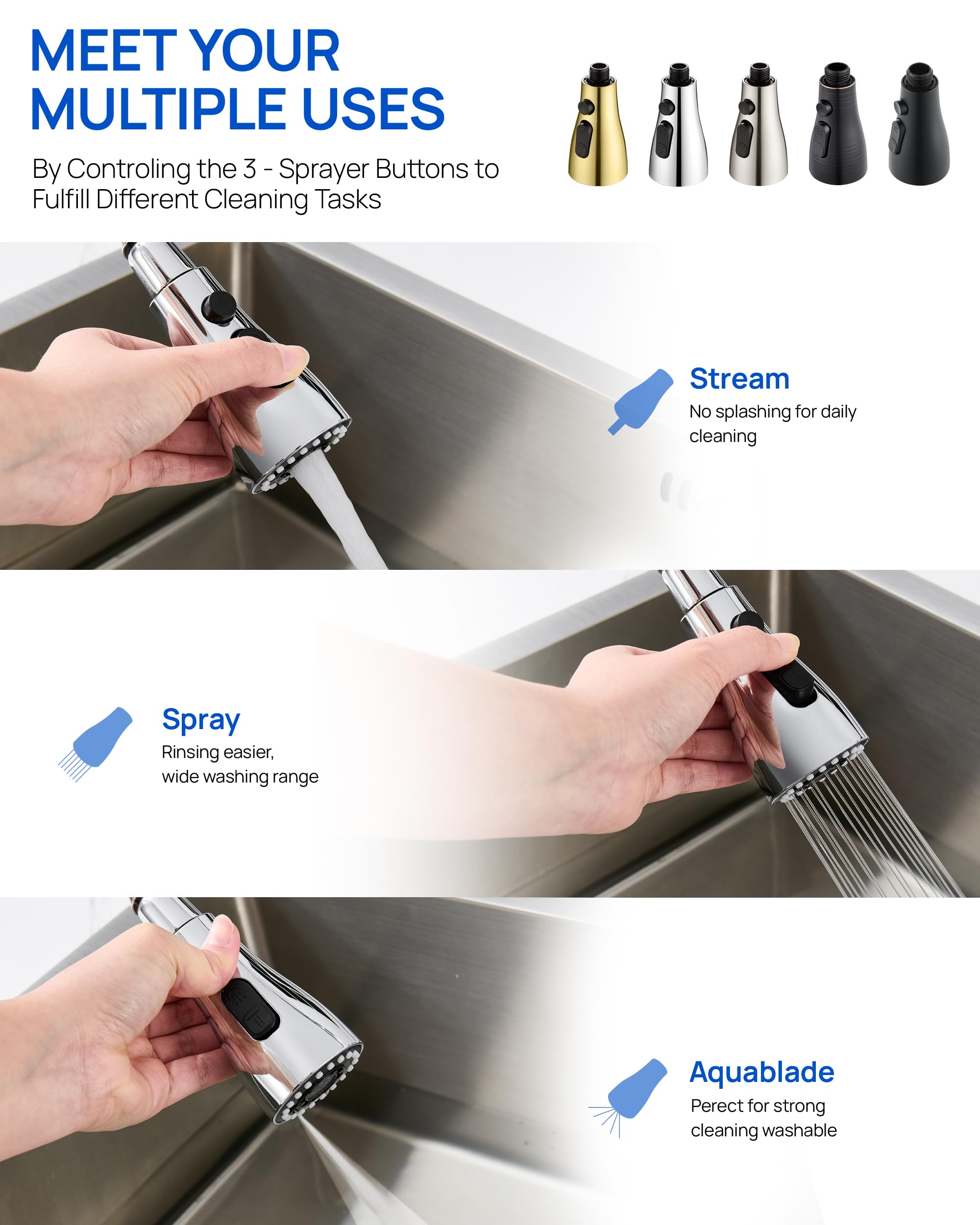 J-HVA 3-Function Pull Down Kitchen Faucet Sprayer Head - Chrome Replacement for Sink Faucets (15 Connectors) - Perfect for Home Kitchen Upgrades