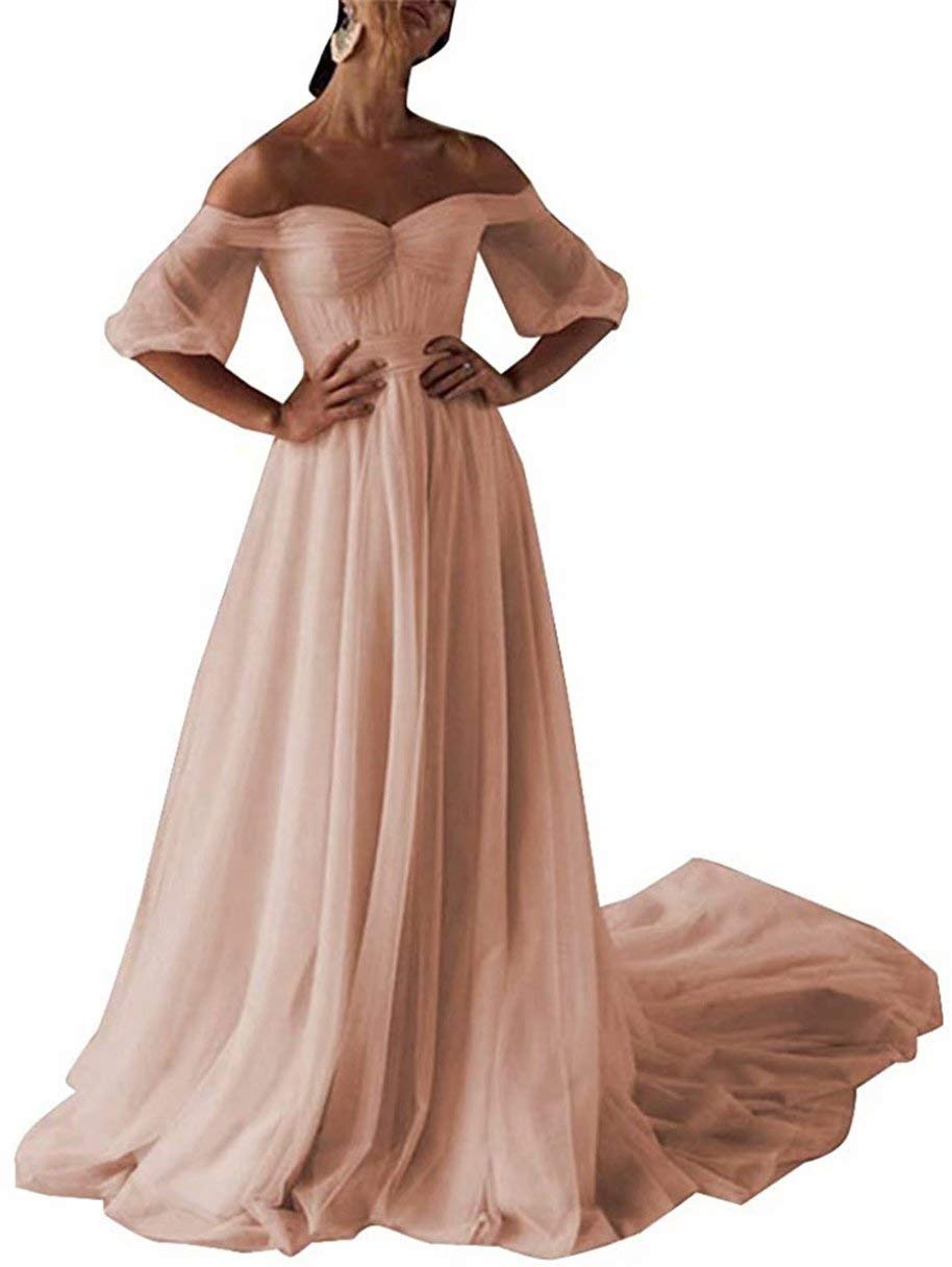 Elegant Off-Shoulder Puffy Sleeves Tulle Princess Prom Dress for Quinceañera, Ball Gown & Birthday Party - Perfect for Sweet 16, Homecoming, and Formal Events