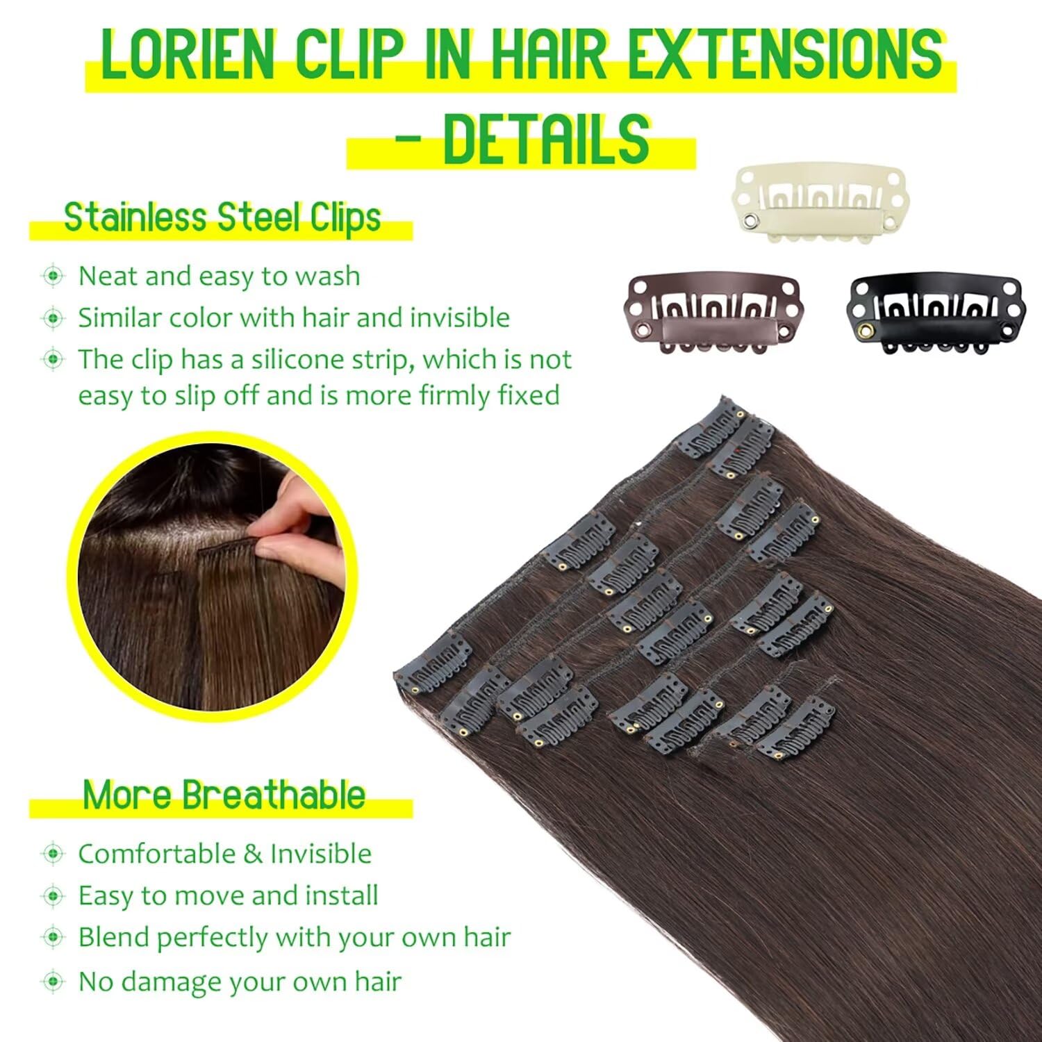 LORIEN 22 Inch Clip-in Human Hair Extensions - 100% Brazilian Remy Hair, 8pcs Set with 18 Clips (Darkest Brown, 110g) | Double Weft for Volume & Length | Perfect for Parties, Weddings & Daily Styling