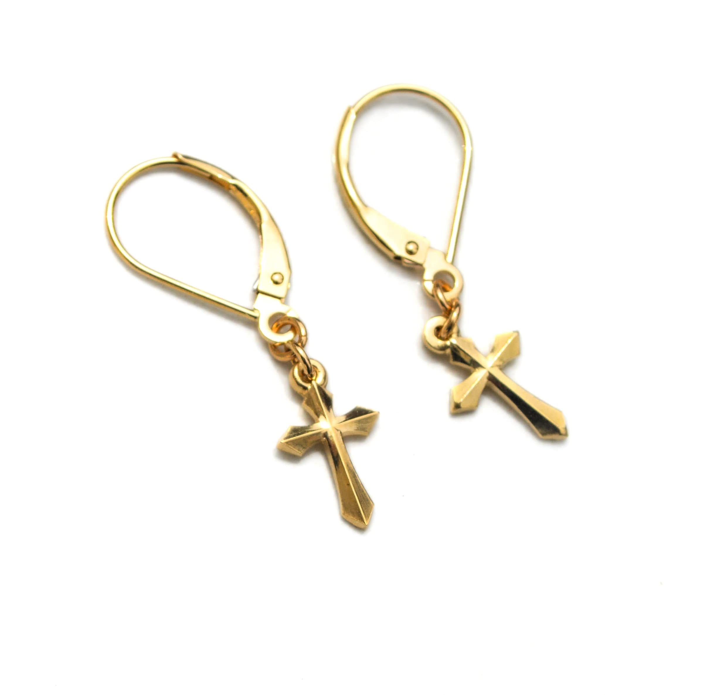 14K Gold Small Dangle Cross Earrings for Men & Women – Handmade in USA – Solid 14K Yellow Gold Pair (2 Earrings) – Perfect for Everyday Wear, Gifts & Religious Occasions
