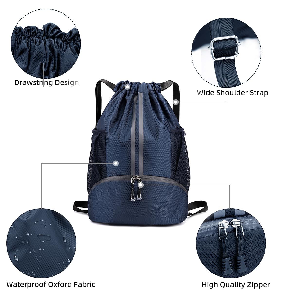 Valleycomfy Water Resistant Sports Drawstring Backpack with Mesh Pockets & Shoe Compartment - Lightweight Gym Bag for Women & Men (Navy Blue) - Perfect for Workout, Travel, School & Outdoor Activities