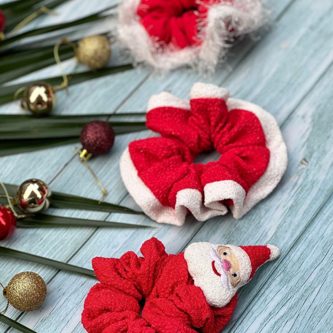 Santa Theme Hair Scrunchies 3-Piece Set for Women - Christmas Ponytail Holders, Red Velvet Scrunchies, Festive Holiday Hair Accessories - Perfect Christmas Gift for Her, Office Party & Family Gatherings