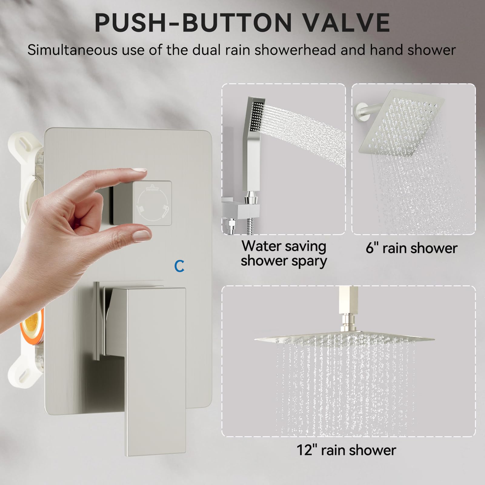 Starbath 12+6 Inch Brushed Nickel Shower Faucet Set - Double Rainfall Shower Head & Handheld Spray Combo for Two Person, Ceiling Mount Shower System with Valve Body & Trim Kit - Perfect for Master Bathroom, Spa-Like Experience & Couple Showering