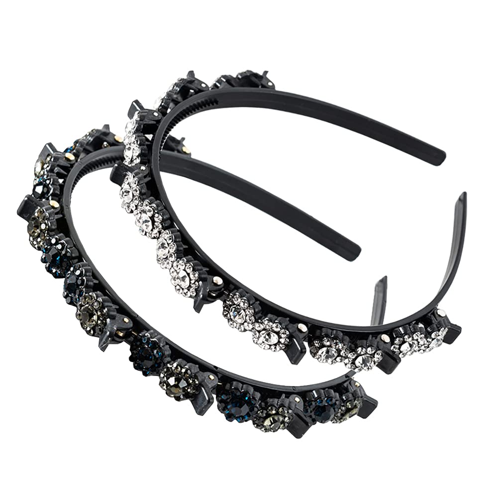 2 Pcs Bling Rhinestone Double Bangs Headband with Clips - Sparkly Hair Accessories for Women & Girls - Perfect for Parties, Weddings & Special Occasions