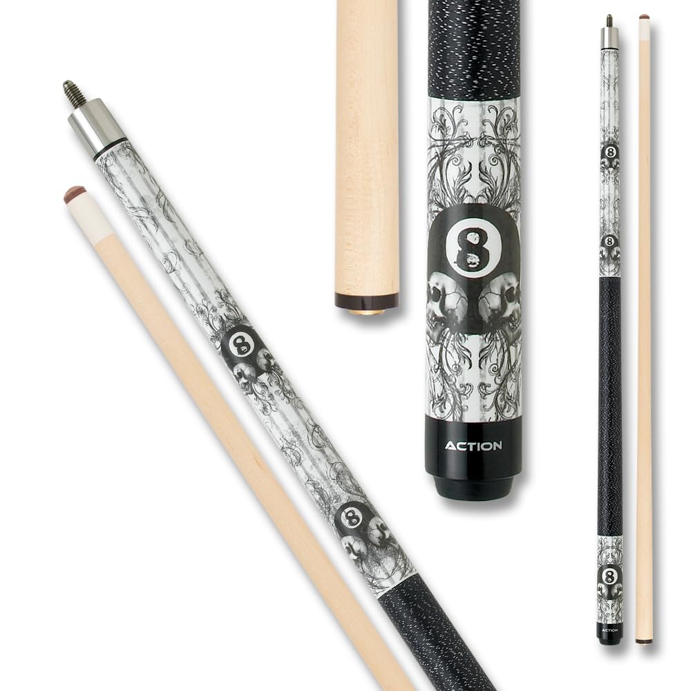 EBM03 Pool Cue - Black & White Grunge Design with 8 Balls, Skulls & Vine Decor | Professional Billiards Stick for Pool Halls, Game Rooms & Home Bars
