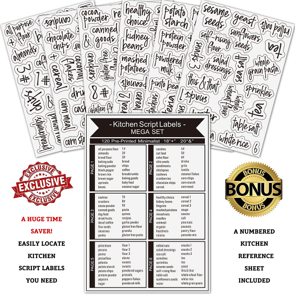 Kitchen Labels for Containers - 120 Pcs Waterproof Food Organization Stickers with Numbers for Canisters, Jars & Seasoning | Perfect for Pantry Organization, Meal Prep & Home Edit