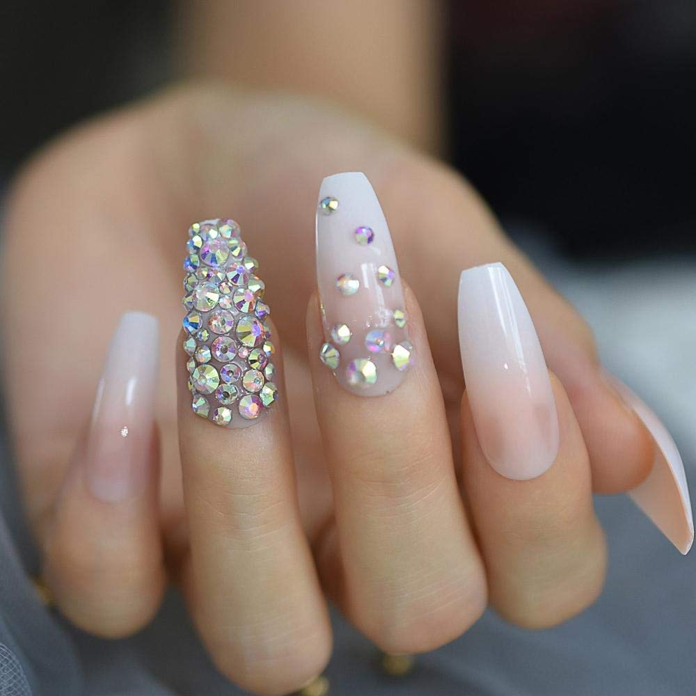 3D Stone Rhinestone Gradient Pink French Press-On Fake Nails - Extra Long Coffin Shape False Nails for Women, Natural Look for Parties, Weddings & Special Occasions