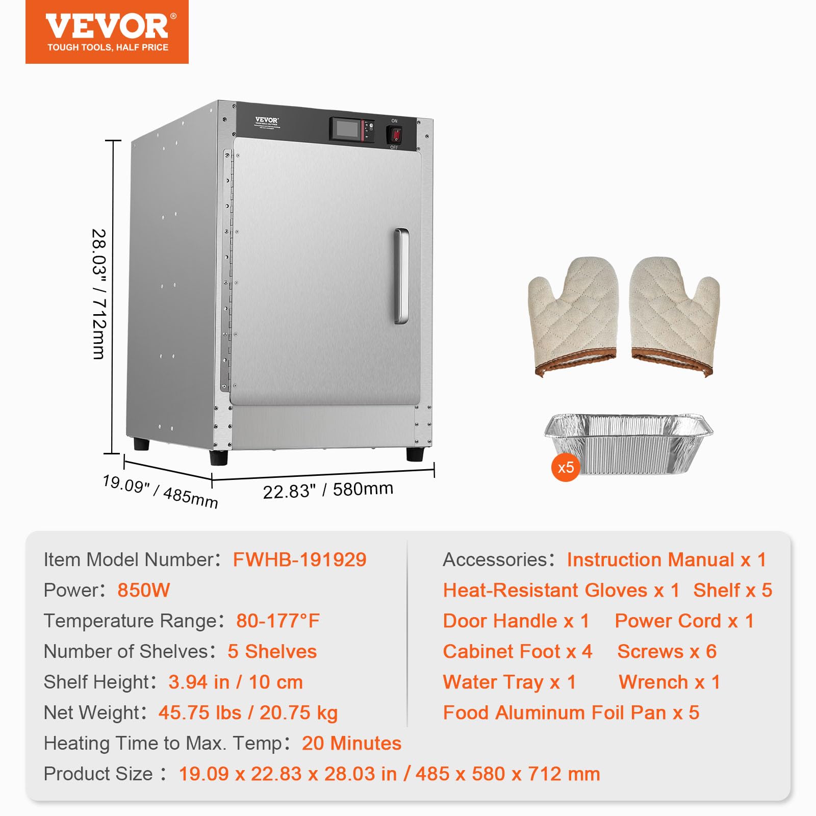 VEVOR 5-Tier Commercial Food Warmer Cabinet - Stainless Steel Hot Box with Adjustable Shelves, Water Tray & 5 Pans - Perfect for Restaurants, Catering & Pizza Keeping | Ideal for Buffets, Cafeterias & Food Service Businesses