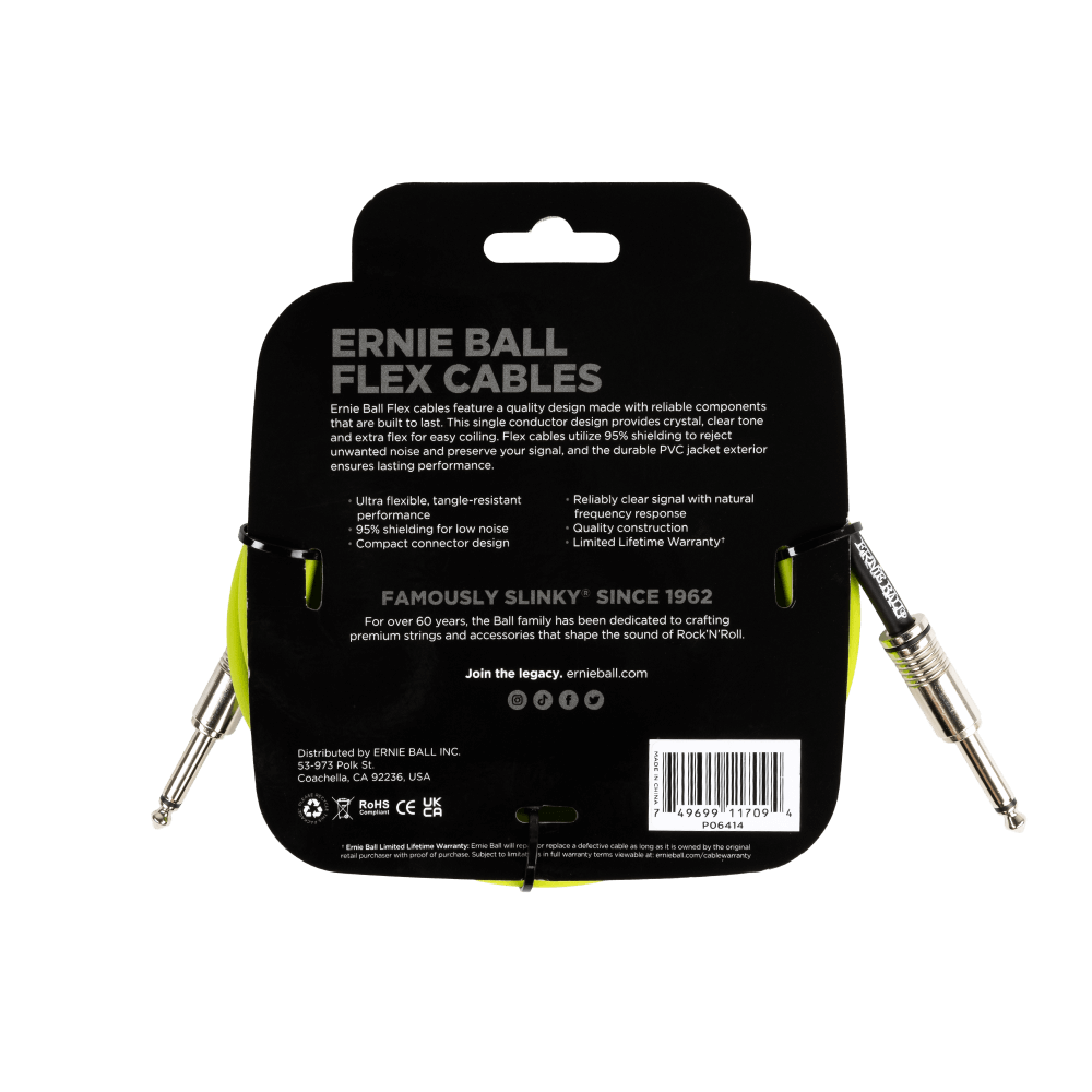 Ernie Ball 10Ft Flex Instrument Cable - Straight to Straight, Green - Premium Guitar & Bass Cable for Live Performances & Studio Recording