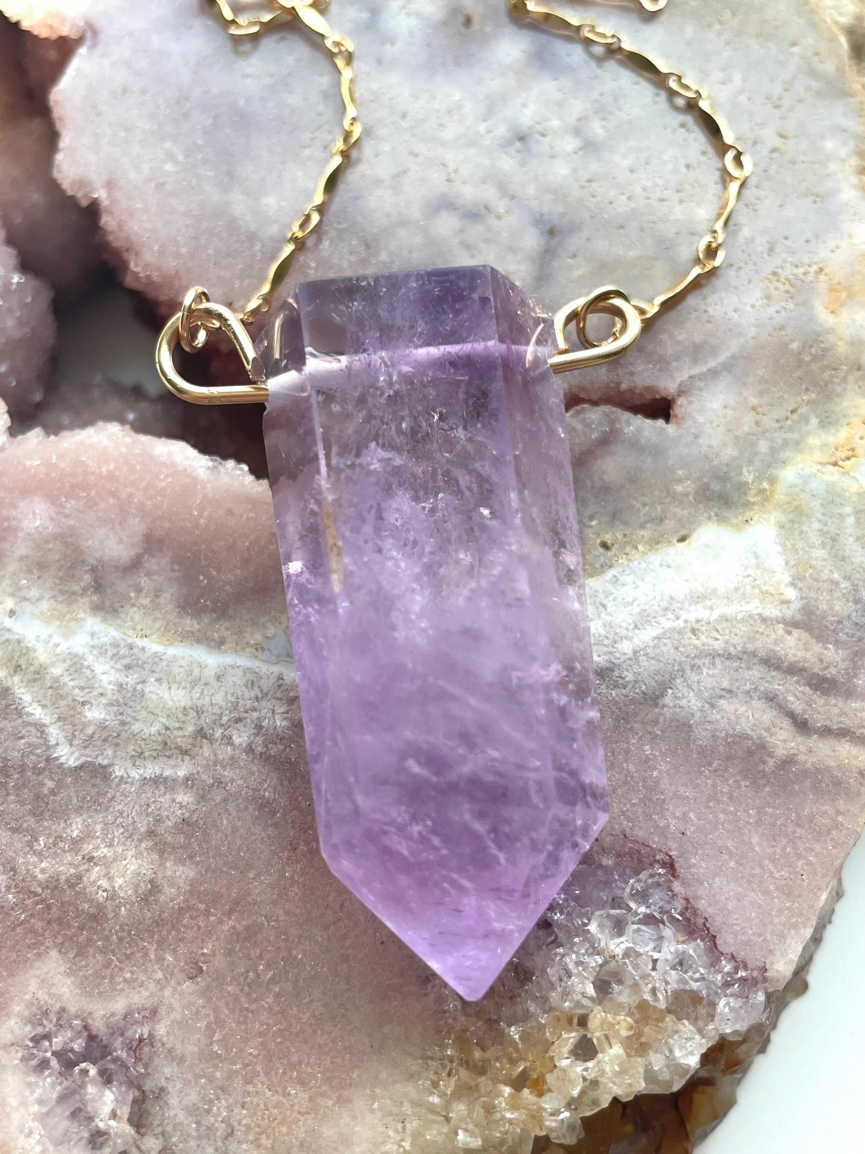 Extra Large Chunky Amethyst Crystal Tower Necklace - 14kt Gold Filled Healing Stone Jewelry for Meditation, Yoga & Spiritual Gifts