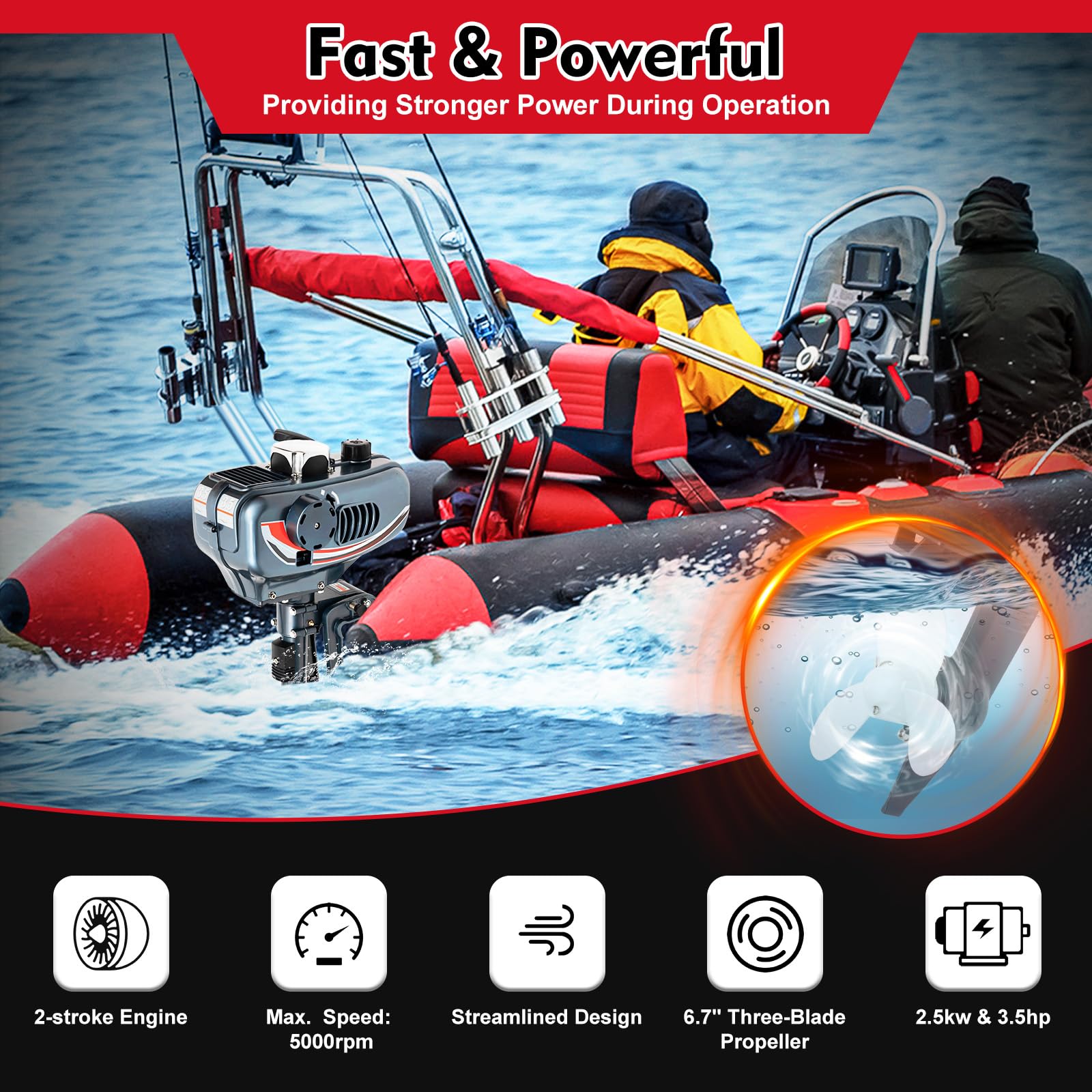 GDNTMU 3.5HP 2-Stroke Outboard Motor Boat Engine with CDI Water & Air Cooling System - Lightweight Marine Engine for Inflatable Fishing Boats, Dinghies & Small Watercraft - Perfect for Fishing, Trolling & Recreational Boating