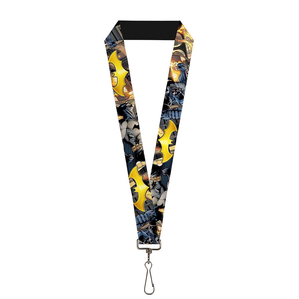 Buckle Down Lanyard 1.0 Inch - Batman Shield & Urban Legend Action Poses with Fire Design - Perfect for Comic Con, Cosplay, and Superhero Fans