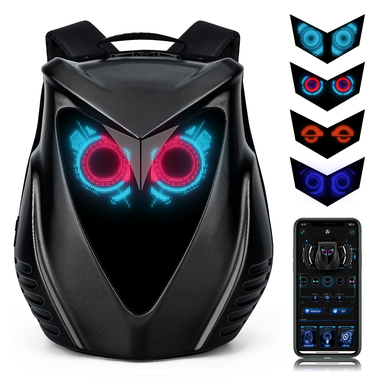 Programmable LED Backpack with App Control - Customizable Owl Eyes Design, Laptop Backpack for Men, Travel & Motorcycle Use - Perfect Gift for Tech Enthusiasts & Commuters