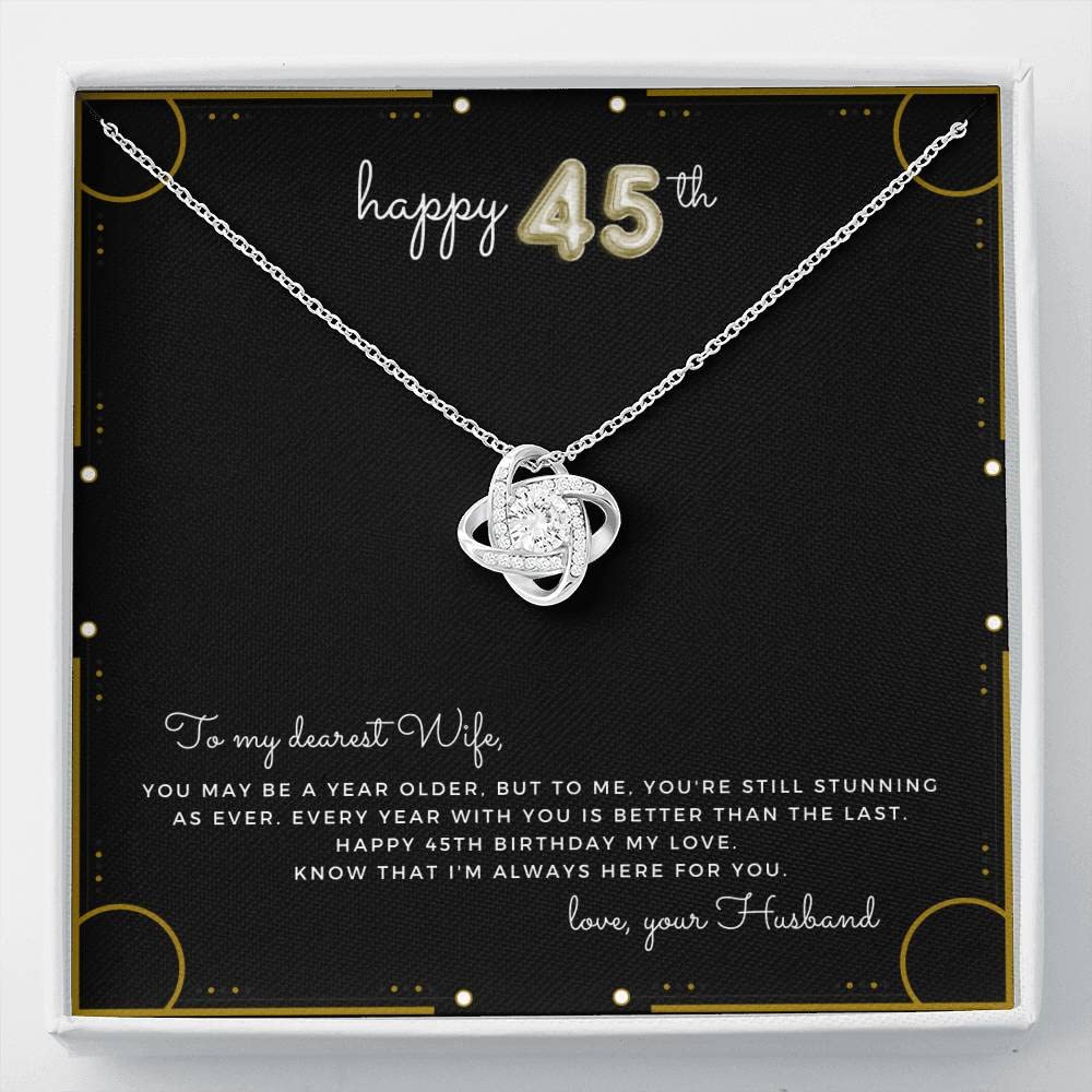 Personalized Love Knot Necklace for Wife - 45th Birthday Gift with Heart Diamond Pendant & Message Card - Elegant Jewelry for Anniversary, Valentine's Day & Special Occasions