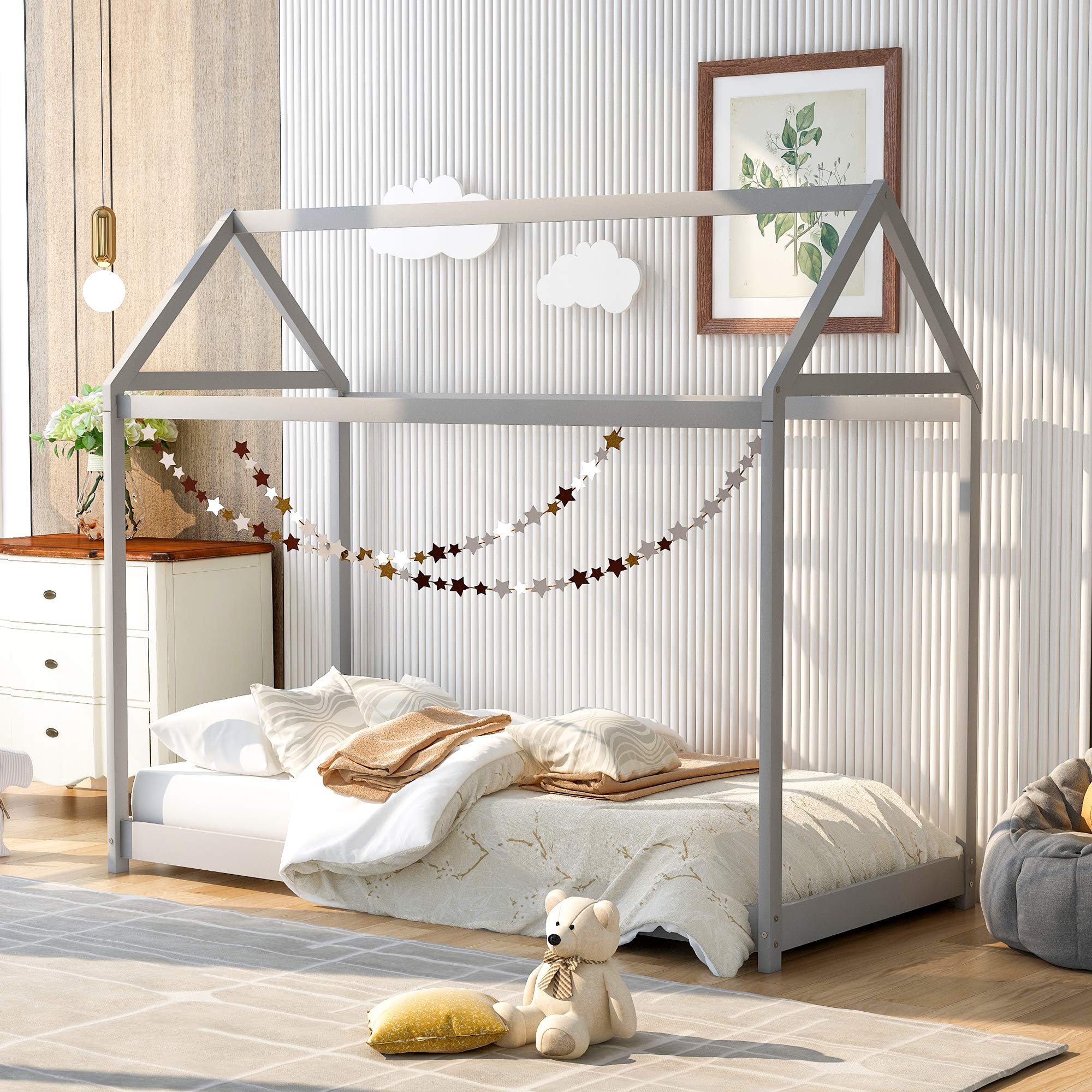 **MERITLINE Twin Size Kids House Bed Frame with Roof - Sturdy Wooden Loft Bed for Children, No Box Spring Needed (Grey) - Perfect for Playrooms, Bedrooms & Montessori Spaces**