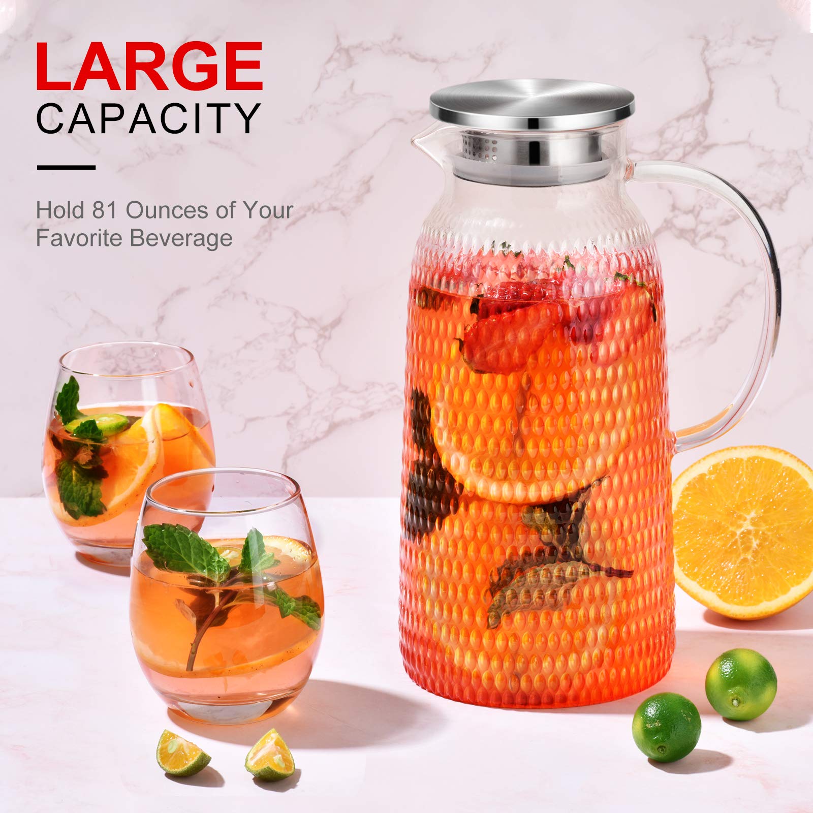 Aofmee 80oz Glass Pitcher with Lid - Heat Resistant Carafe for Iced Tea, Lemonade, Juice & Milk - Perfect for Sun Tea, Cold & Hot Beverages - Easy Clean Pitcher for Kitchen, Dining & Outdoor Entertaining