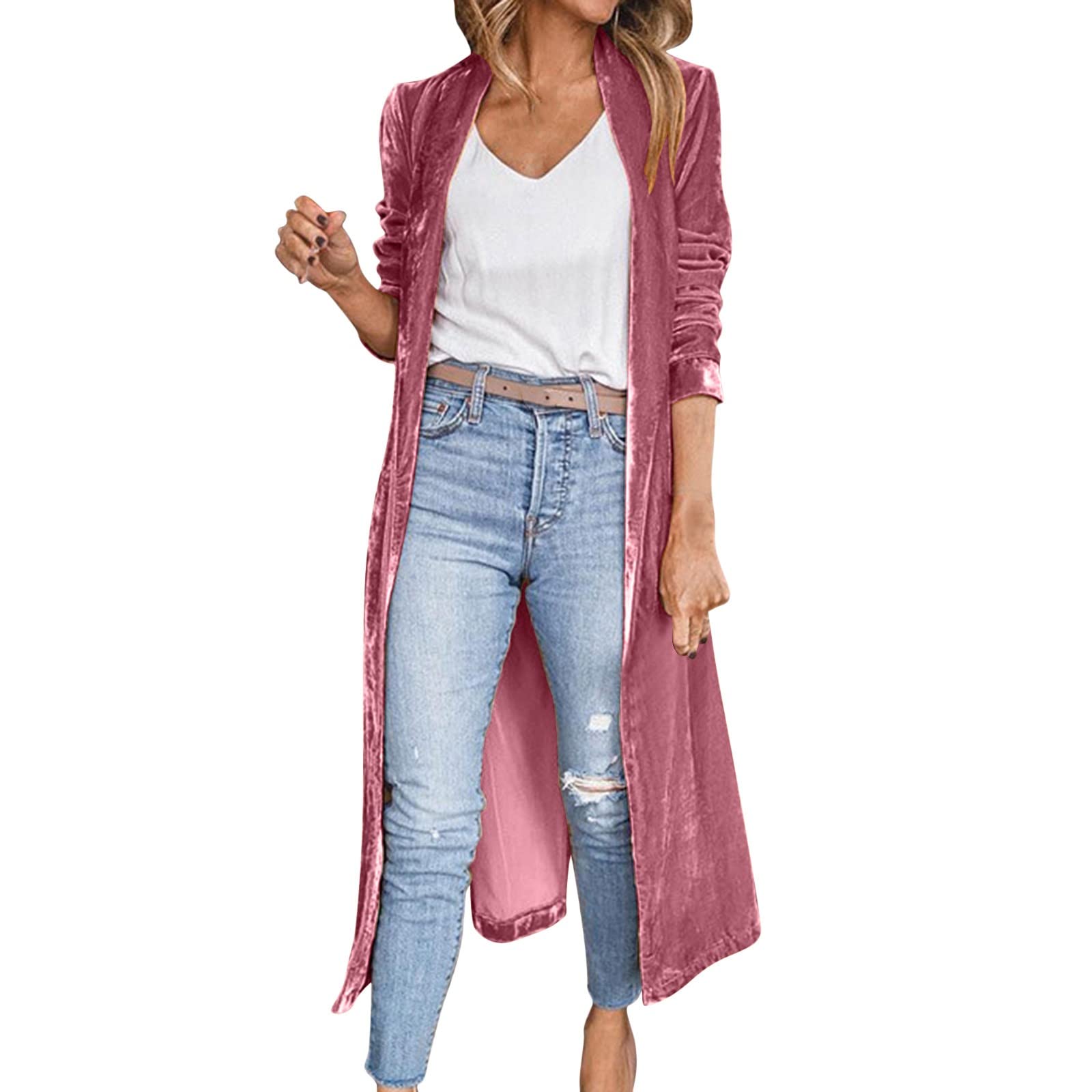 Women's Velvet Open Front Cardigan - Soft Loose Long Coat with Elastic Waist for Casual & Lounge Wear | Perfect for Fall, Winter & Layering Outfits