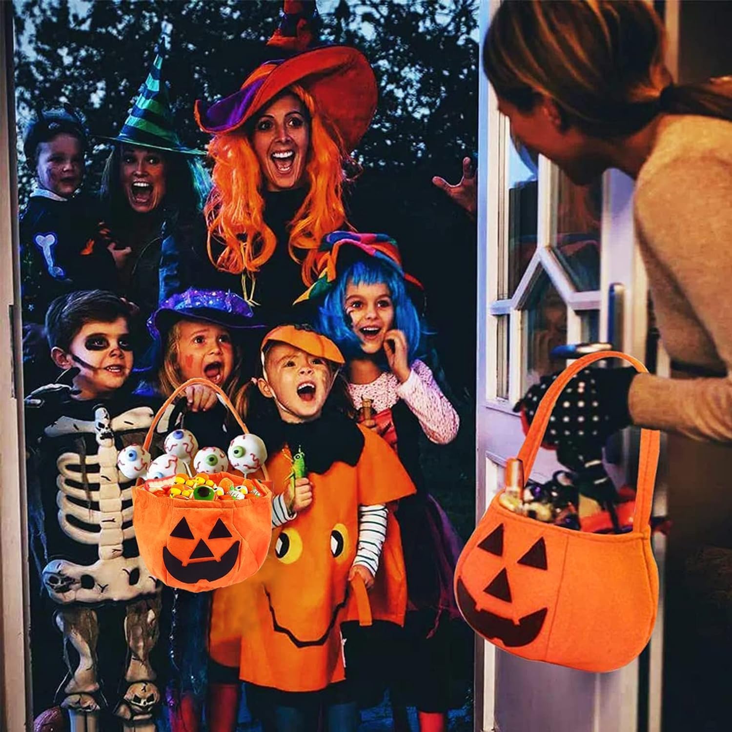 Halloween Pumpkin Trick or Treat Bags for Kids - 2 Pack Reusable Non-Woven Candy Collection Buckets - Perfect for Halloween Parties, Trick or Treating & Holiday Decorations
