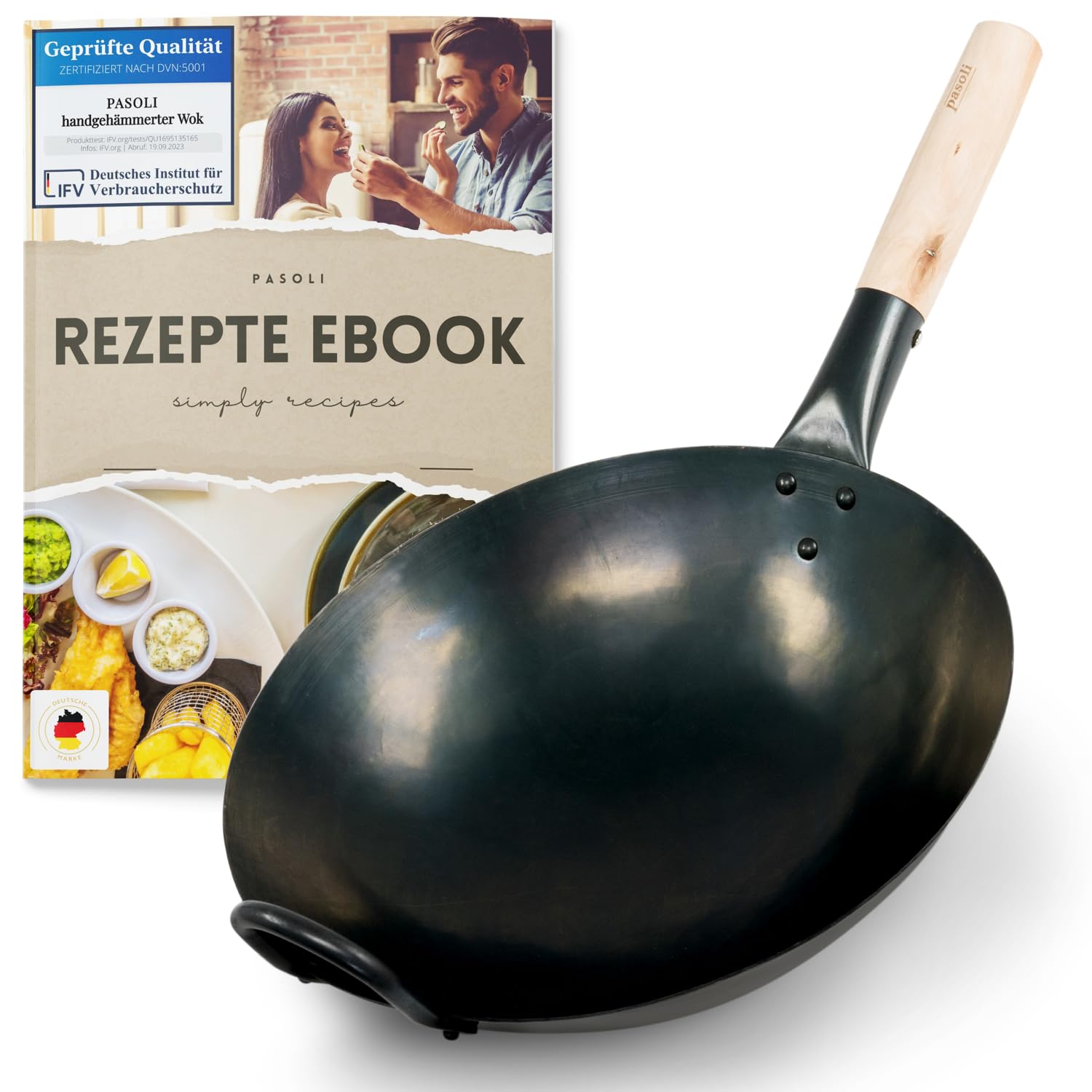 Hand-Hammered Carbon Steel Wok Pan - 12 Inch Round Bottom Pre-Seasoned Traditional Wok for Gas Stove or Grill - Natural Non-Stick Coating - Perfect for Stir-Frying, Deep Frying & Asian Cooking