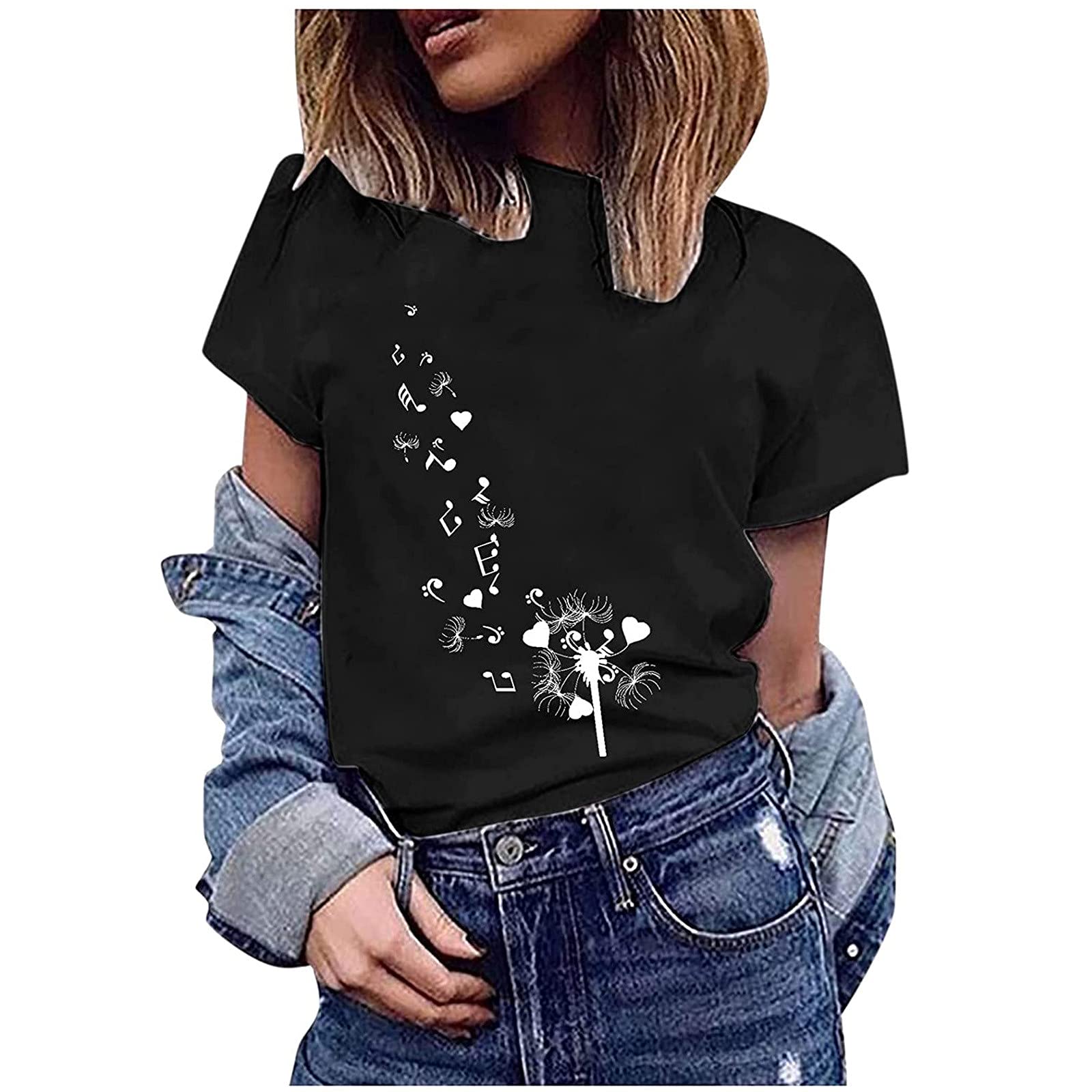 Women's Casual Black T-Shirt with Dandelion Print - Soft Short Sleeve Crop Top Basic Tee for Everyday Wear | Perfect for Summer Outfits, Beach Days & Casual Dates