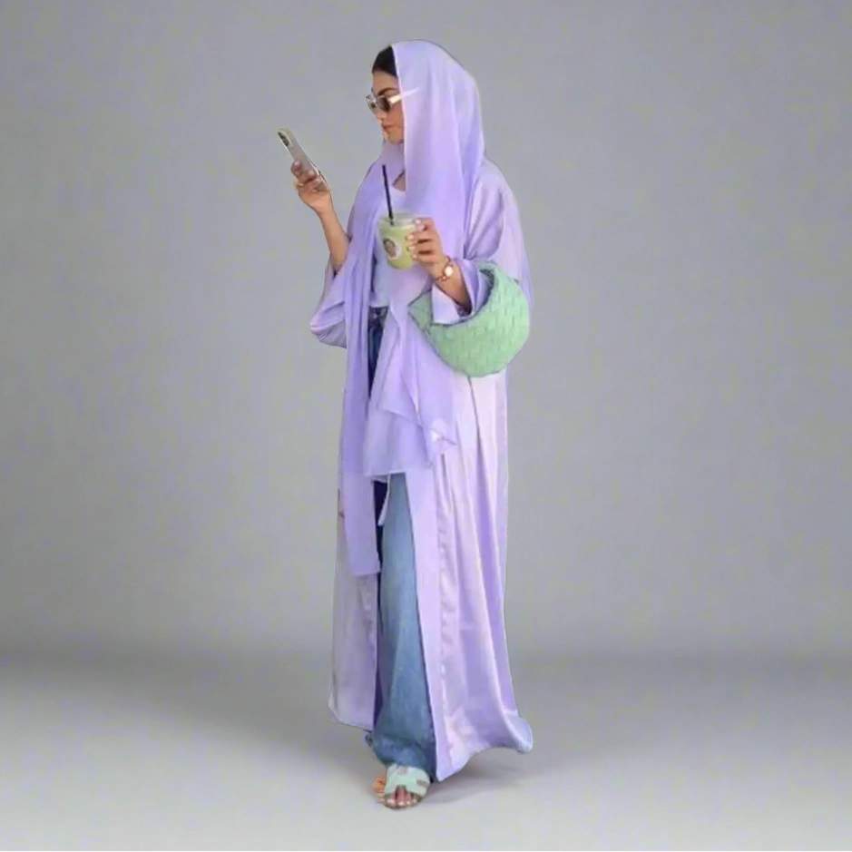 Elegant Satin Open Abaya Dress for Women - Modest Muslim Prayer Dress - Perfect for Eid, Ramadan & Special Occasions