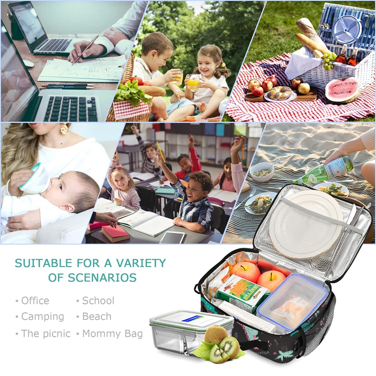 OREZI Vector Dinosaur Reusable Lunch Bags for Kids - Insulated Lunch Tote for School, Work & Picnic | Durable Lunch Box Container for Boys & Girls | Perfect for Daily Use, Outdoor Activities & Meal Prep