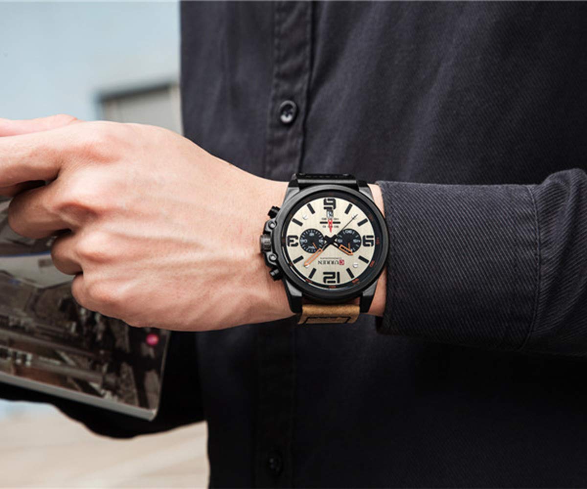 MASTOP Men's Military Chronograph Watch - Waterproof Leather Strap Quartz Watch with Date Display | Perfect for Outdoor Activities, Sports & Casual Wear