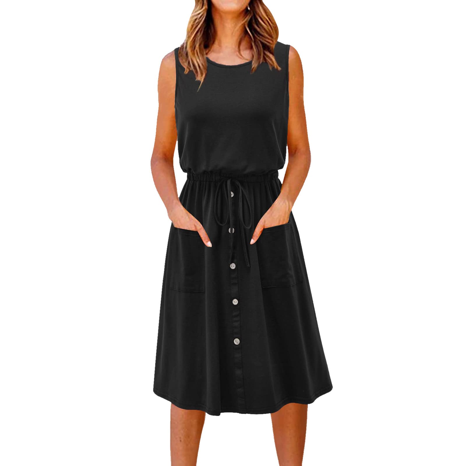 Elegant Women's Bridal Dress for Holidays - Round Neck Strappy Button Pocket Midi Swing Dress - Perfect for Summer Beach Weddings, Parties & Vacations (Black, Size S)